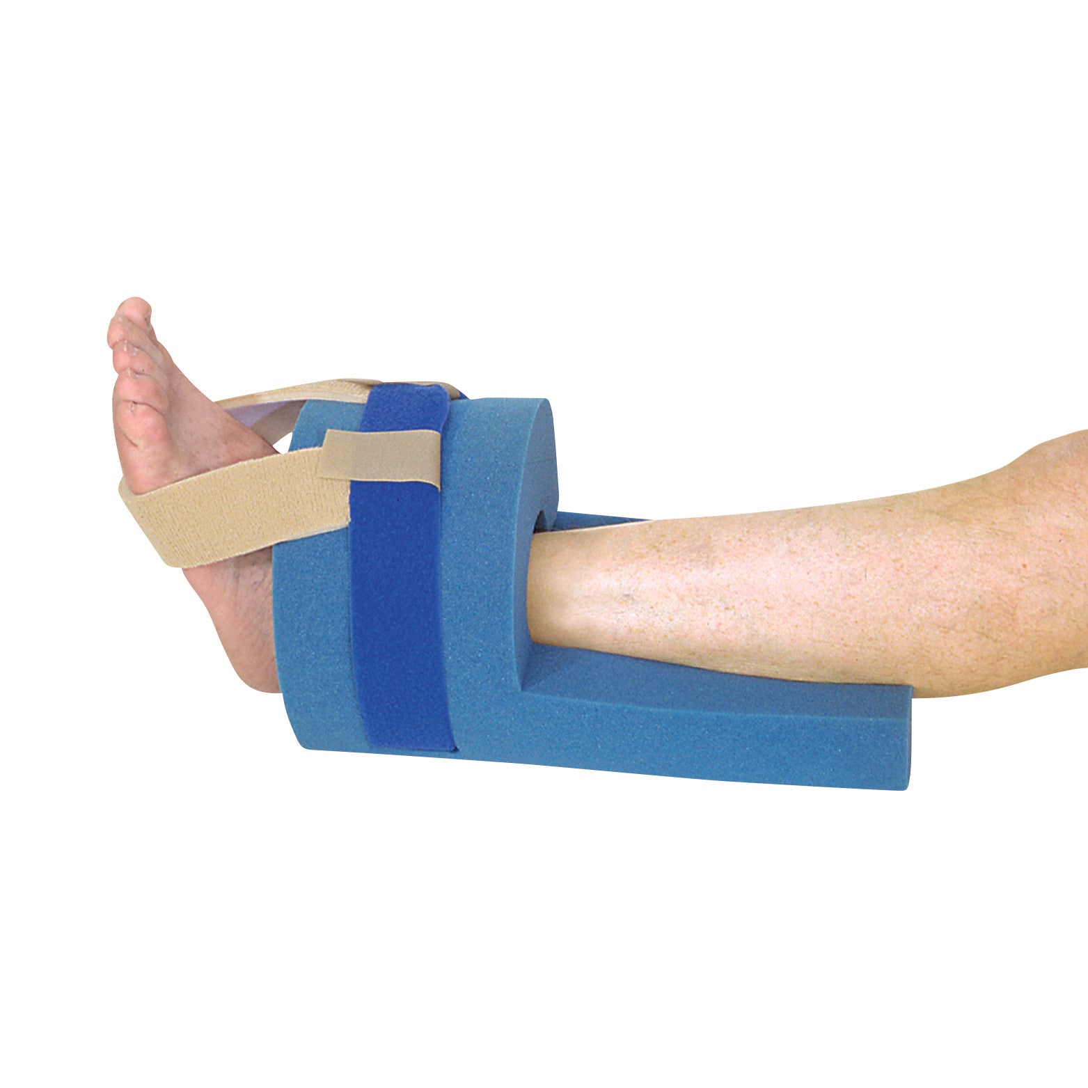 A leg wearing the AliMed Heel Protector. It's a blue foam cushion with beige straps, supporting the foot and heel.