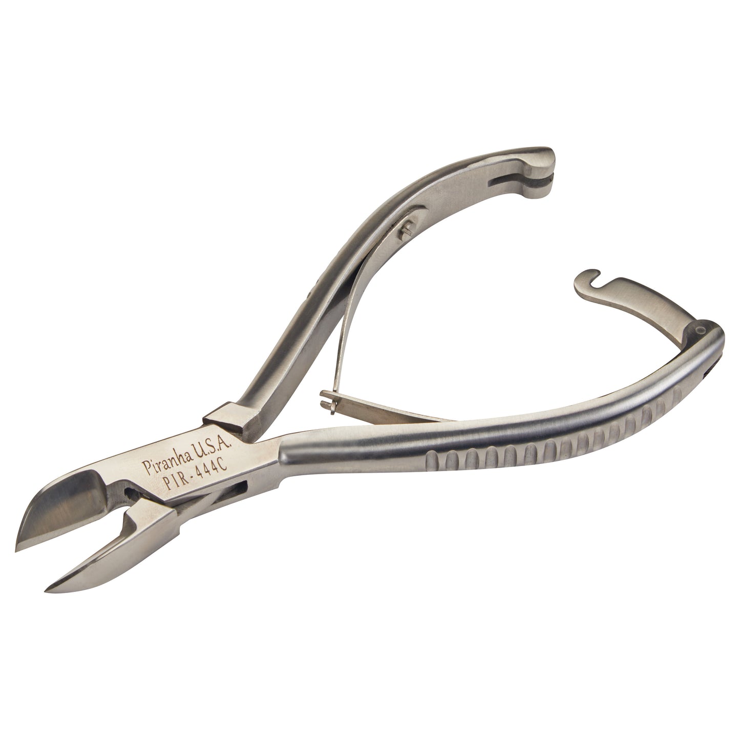 A metallic nail cutter with curved handles, labeled "Piranha U.S.A. PIR-444C," featuring a spring mechanism and a hooked end.