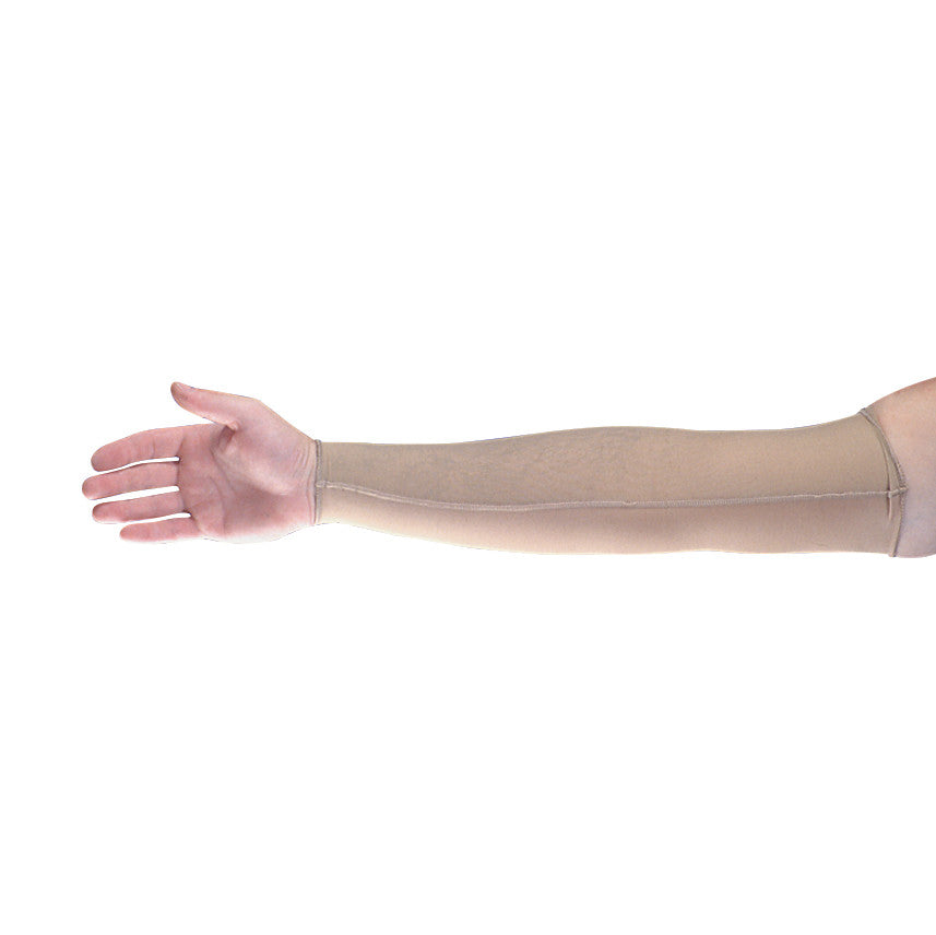 A person wears a Bio-Form Redi-Fit Arm Sleeve, which is beige and covers the arm from wrist to upper arm.