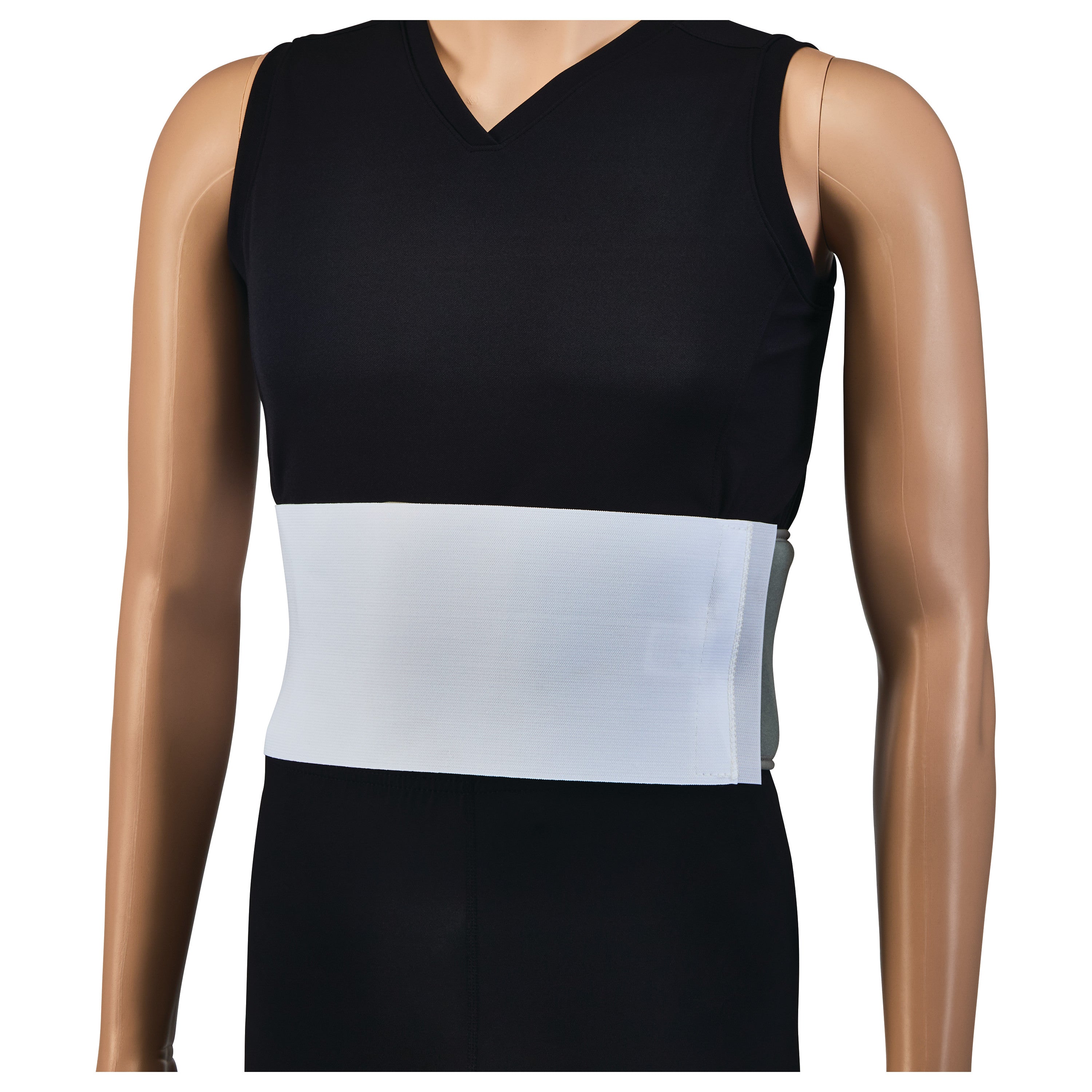 A mannequin wears a black shirt and the Thoracic Rib Belt, a wide elastic band, wrapped around the chest for support.