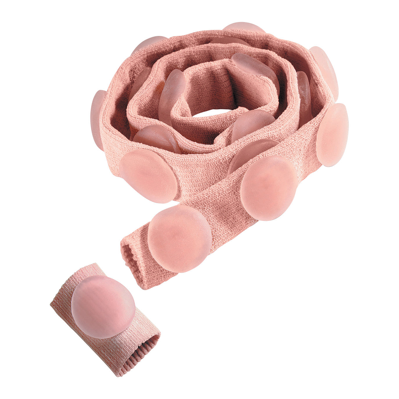 A rolled strip of Silipos Digital Pads On A Strip, featuring multiple round, soft pads attached to a pink elastic band.