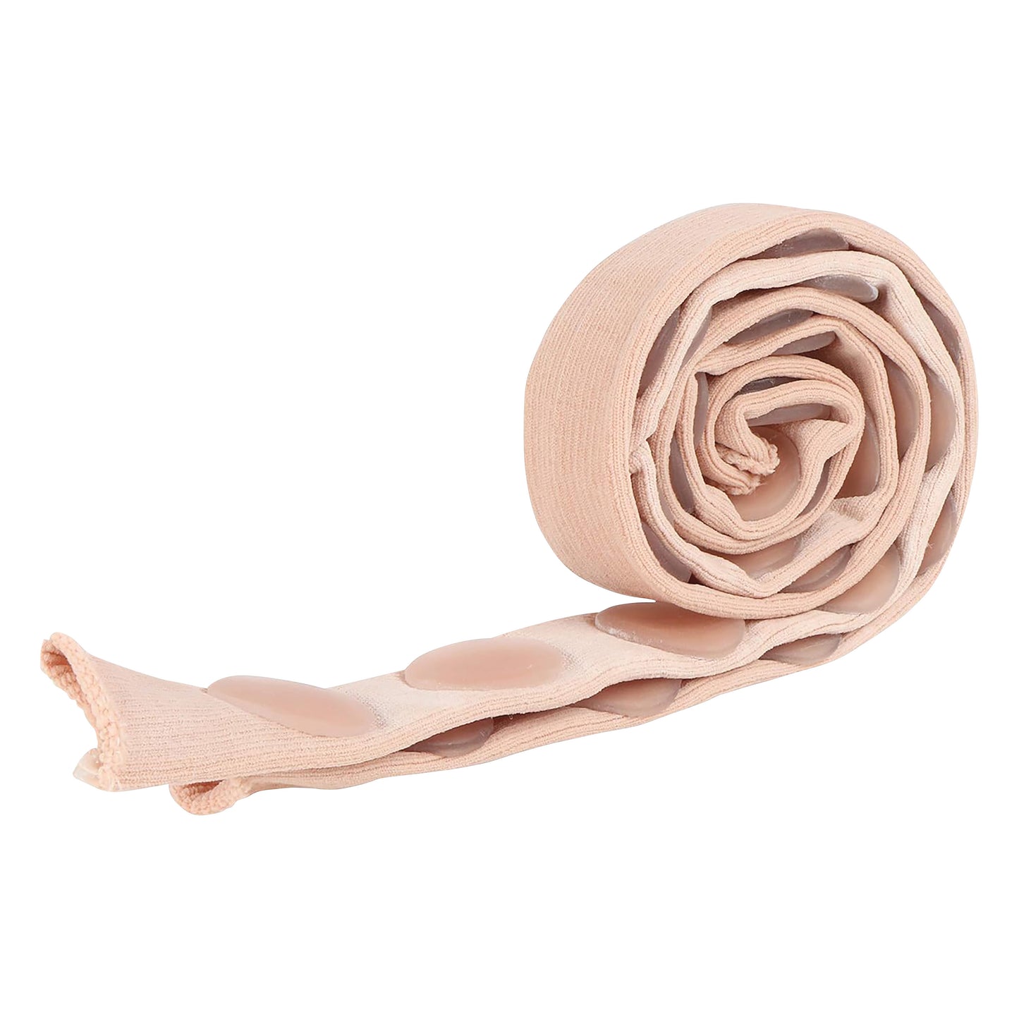 A rolled strip of Silipos Digital Pads On A Strip with soft gel pads on a fabric surface, used for cushioning and protection.