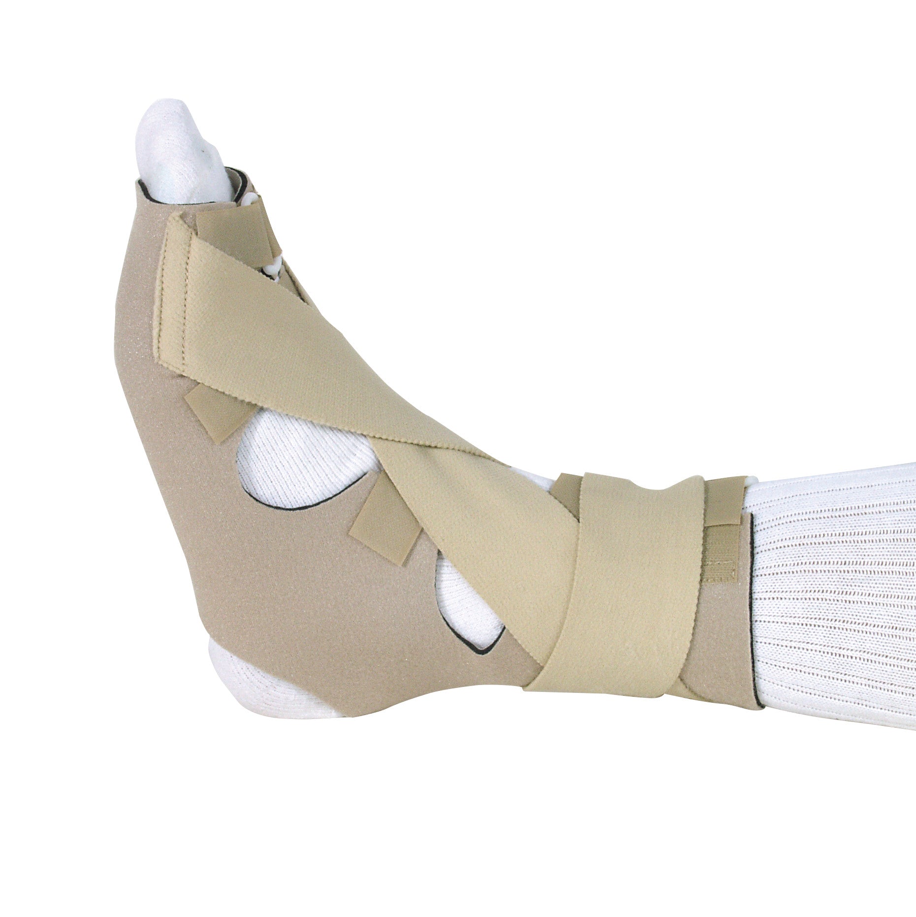 A beige AliMed Soft PF Night Splint is fitted on a foot, secured with straps, over a white sock, to aid in plantar fasciitis.