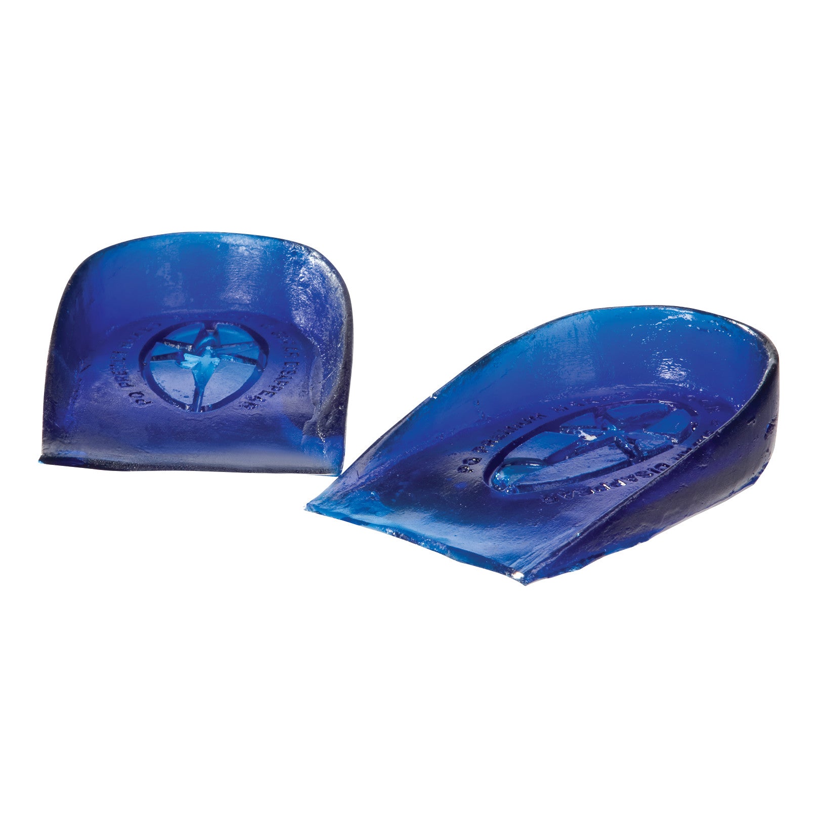 AliMed Viscoelastic Polymer Heel Cups, shown in blue, are designed to provide cushioning and support for the heel.