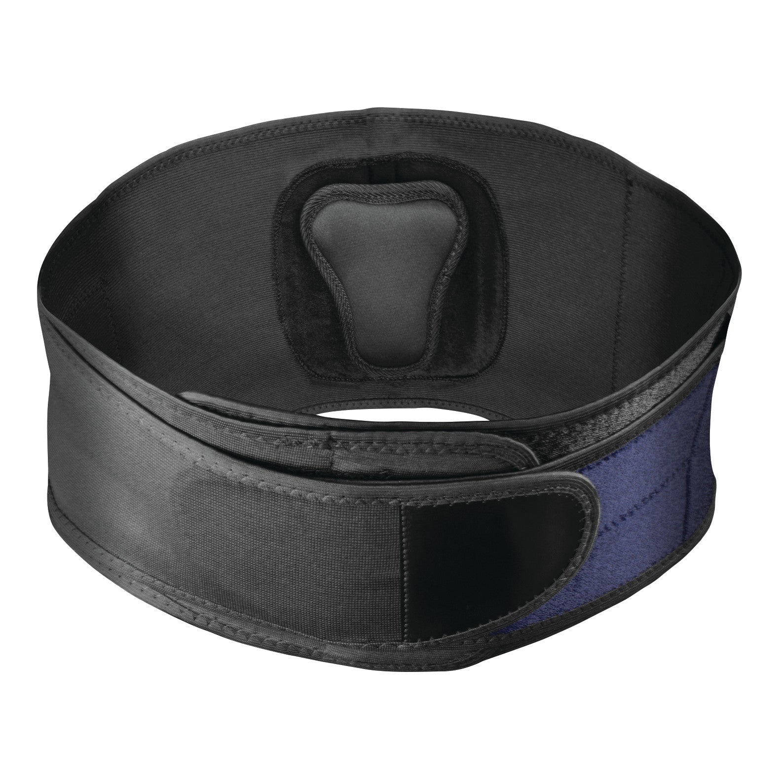 A Mueller Adjustable Back Brace. It is black with a strap and a supportive pad at the back.