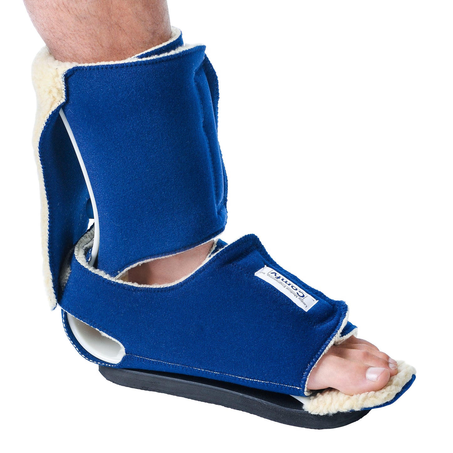 A Comfy Splints Adult Ambulating Contracture Boot in blue, with a soft lining, worn on a foot, showing the open-toe design.