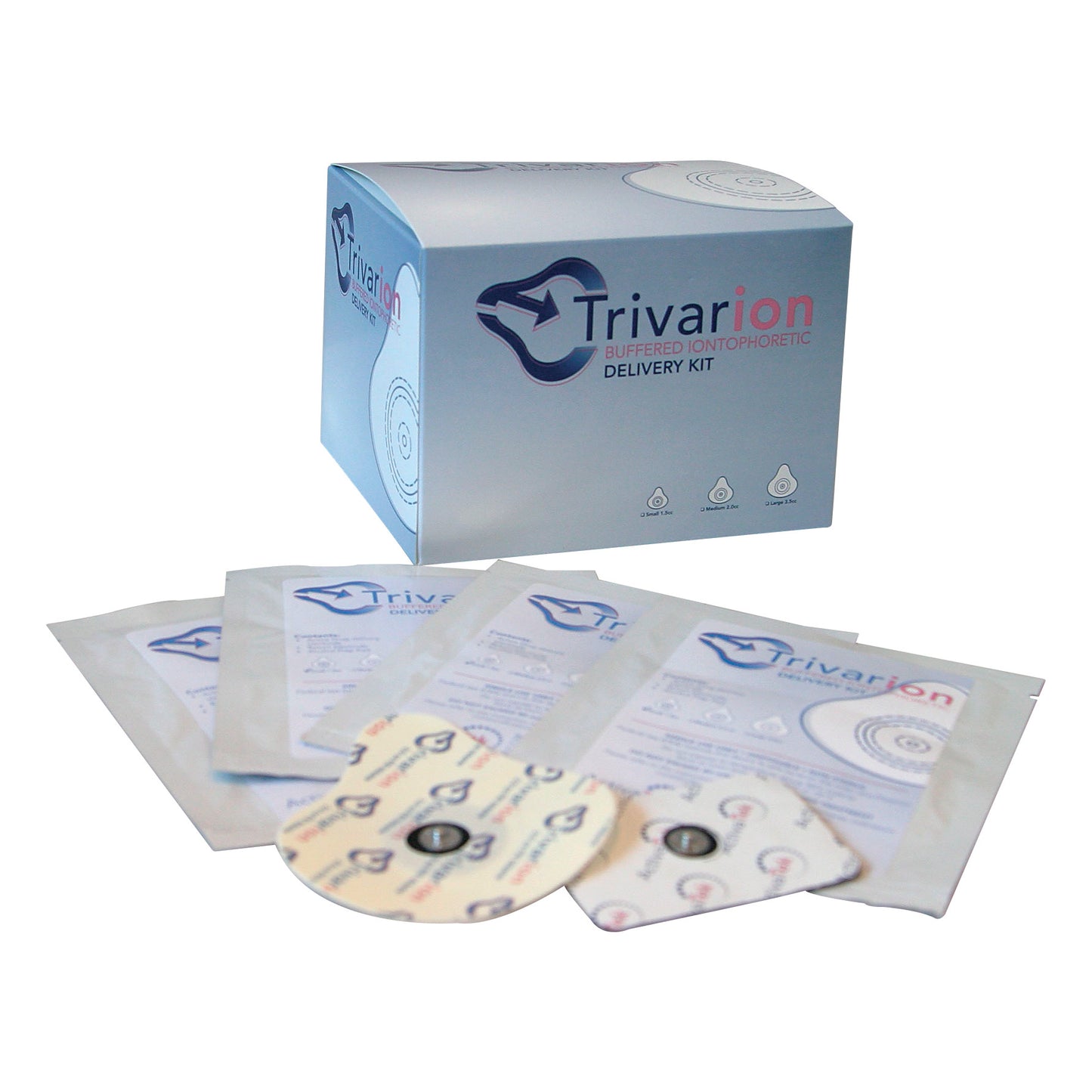 Trivarion Iontophoretic Delivery Kit box with multiple sealed packets and circular patches displayed in front.