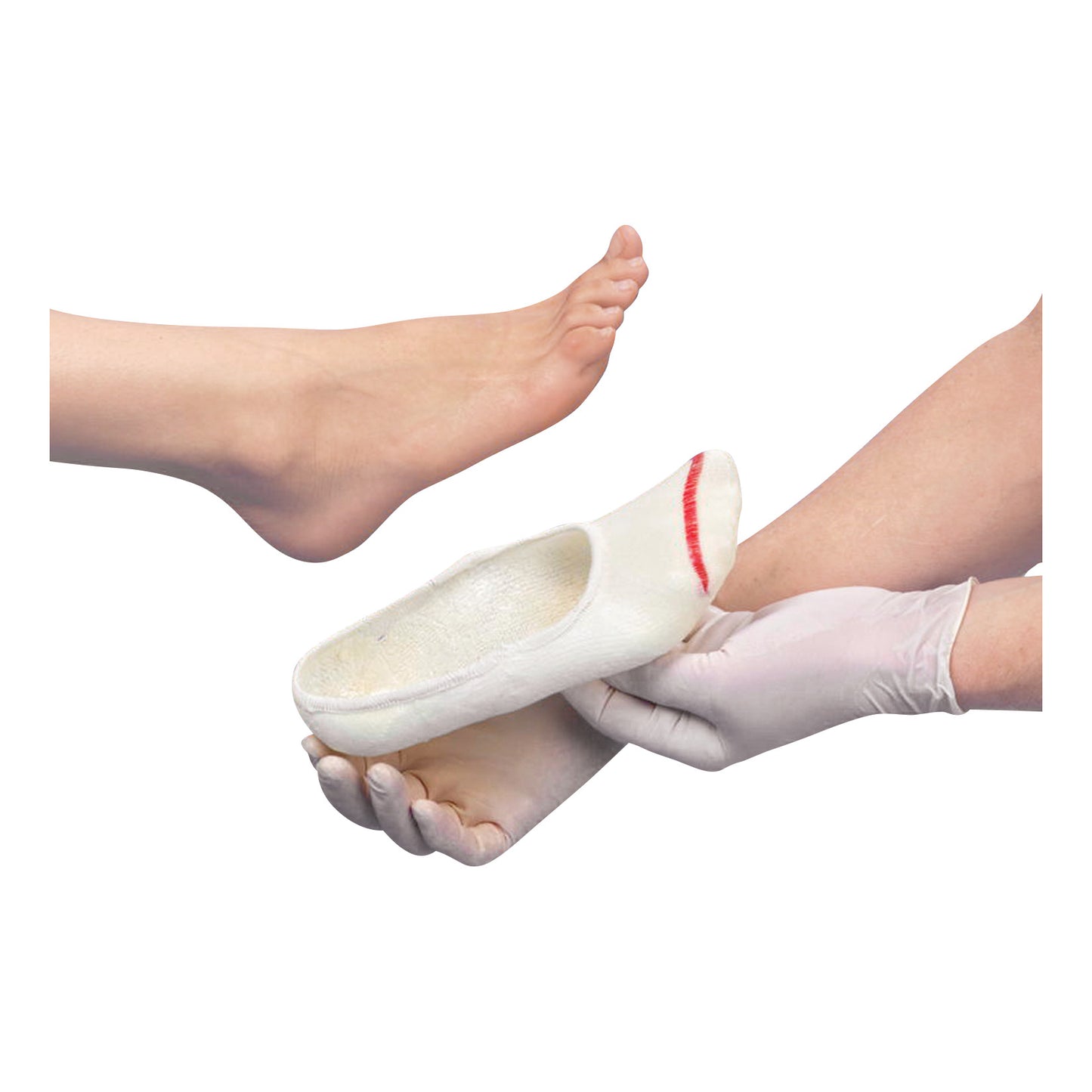 A foot is being fitted into an STS Slipper Sock by hands wearing gloves. The sock is cream-colored with a red accent.