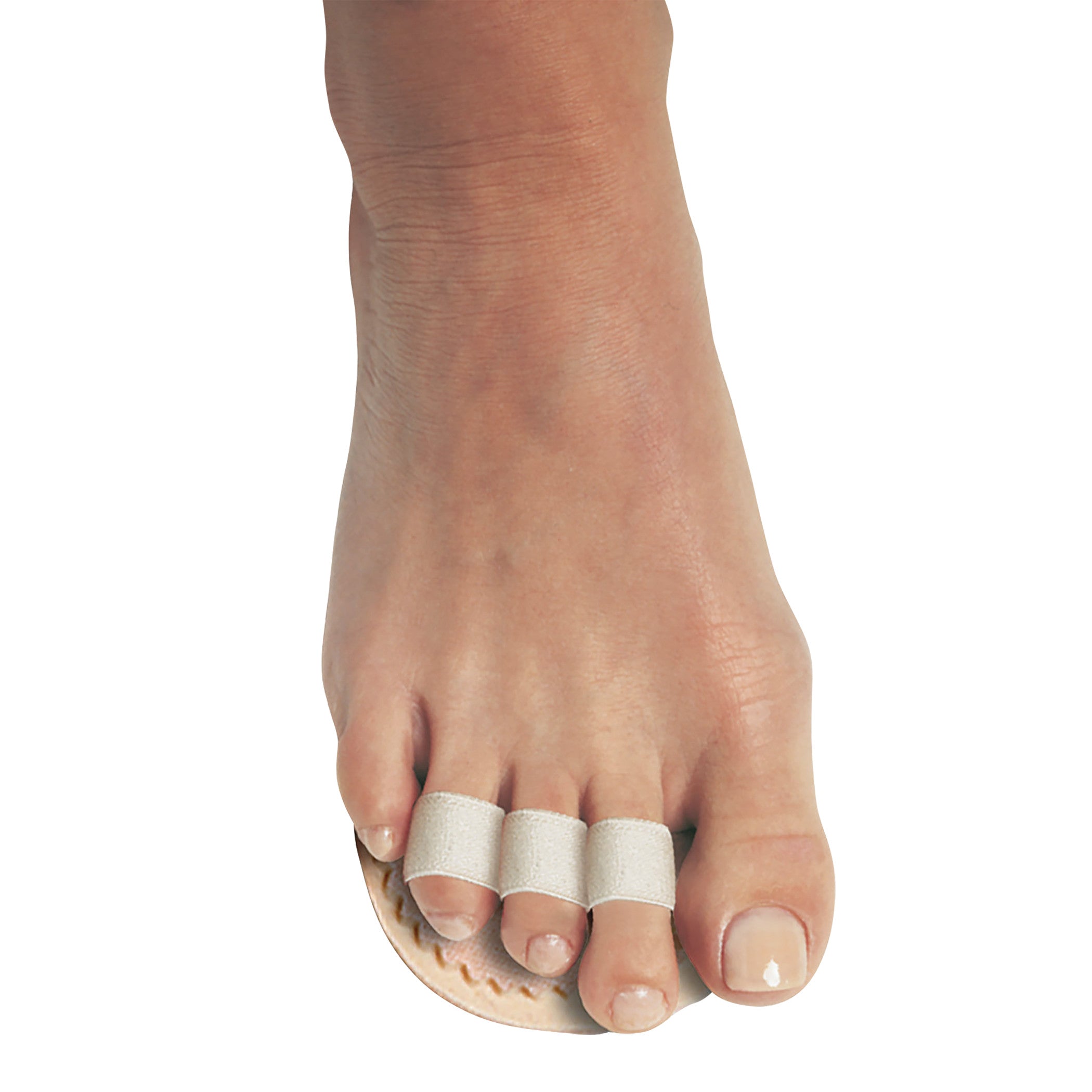 A foot wears the PediFix Toe Straightener, featuring three toe straps and a cushioned pad underneath, designed for alignment.