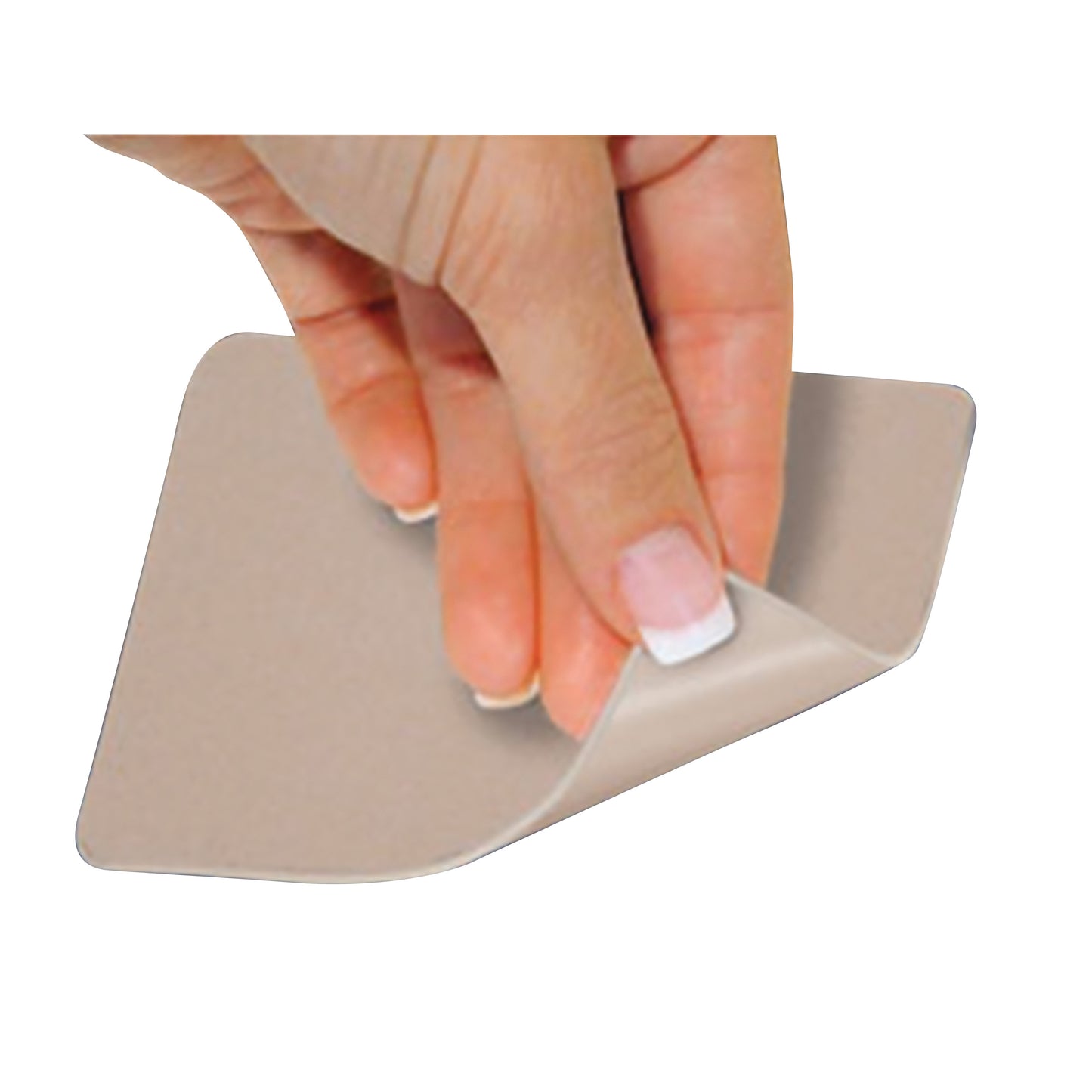 A hand peels a piece of PediFix Visco-GEL Moleskin Sheeting, displaying its flexible, adhesive-backed texture.