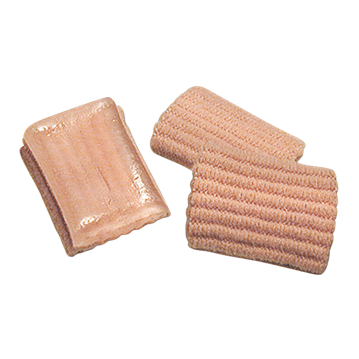 Three PediFix Visco-GEL Corn Pads are shown. They are soft, ribbed, and skin-colored, designed for cushioning and protection.