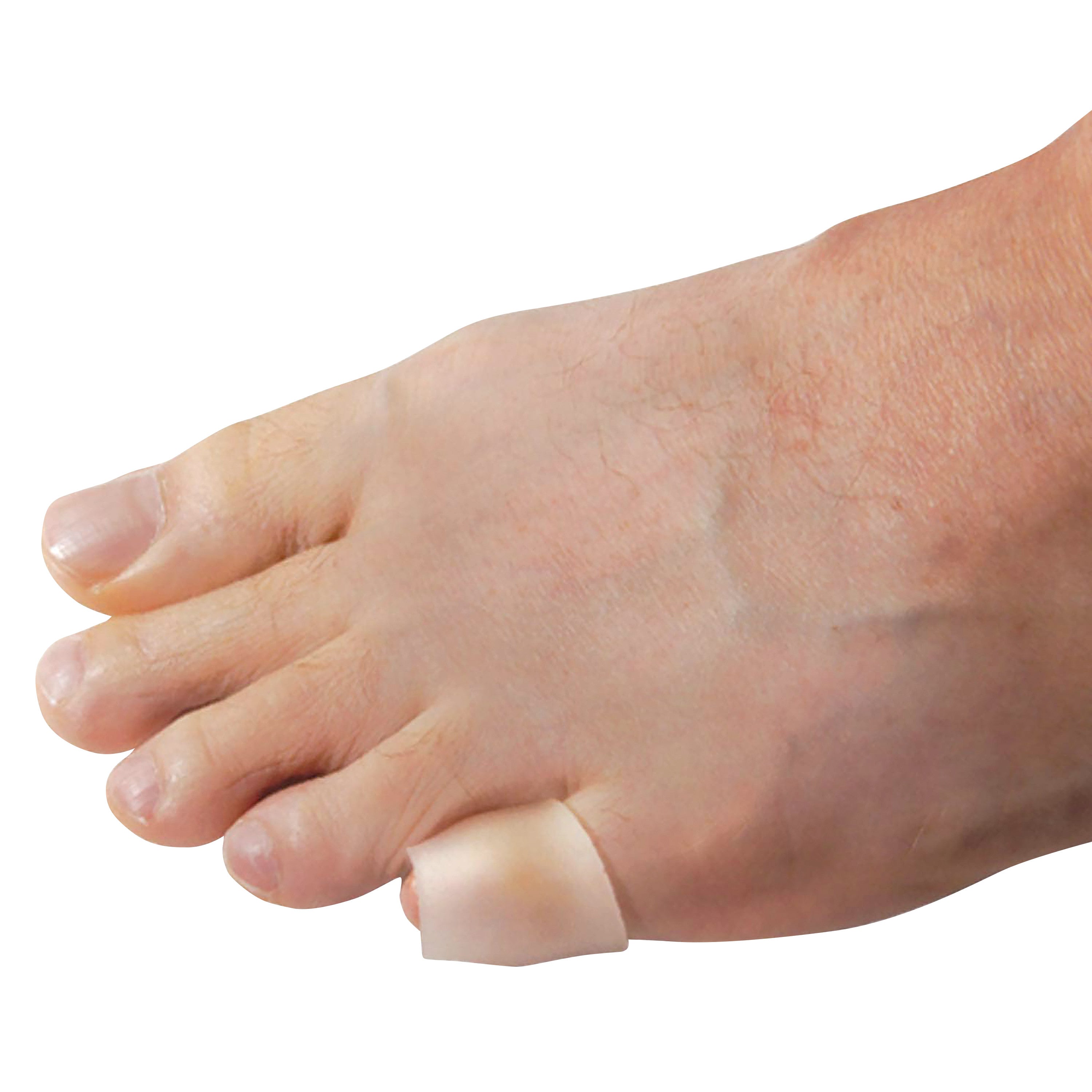 A foot wearing a PediFix Visco-GEL Little Toe Sleeve on the smallest toe, designed for cushioning and protection.