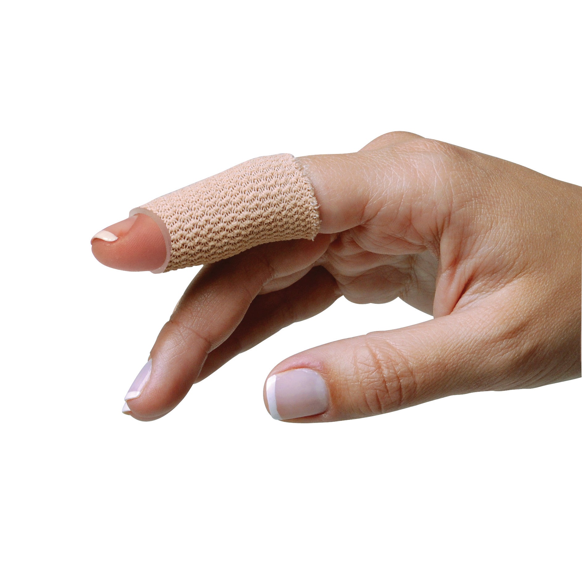 A hand wearing a PediFix Visco-GEL Fully-Coated Digital Tube on the index finger, providing cushioning and protection.