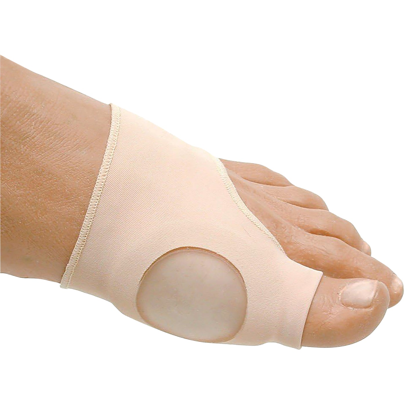 A foot wearing a PediFix Visco-GEL Thin Dress Bunion Care Relief Sleeve, with a gel pad over the bunion area for comfort.
