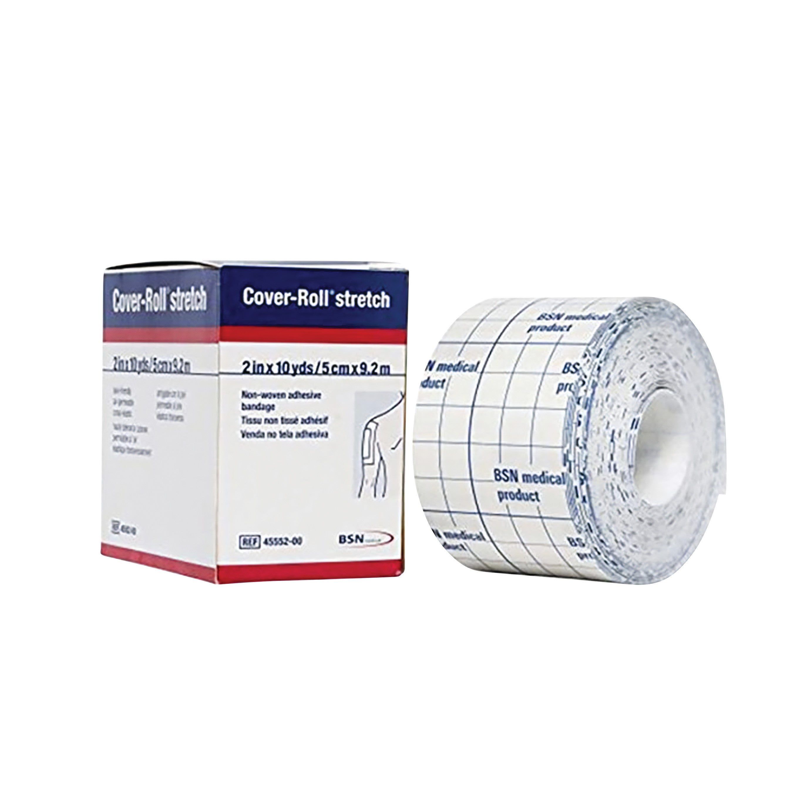 BSN Cover-Roll Stretch Bandage is shown. It is a non-woven adhesive bandage, 2 inches wide and 10 yards long, with grid lines.