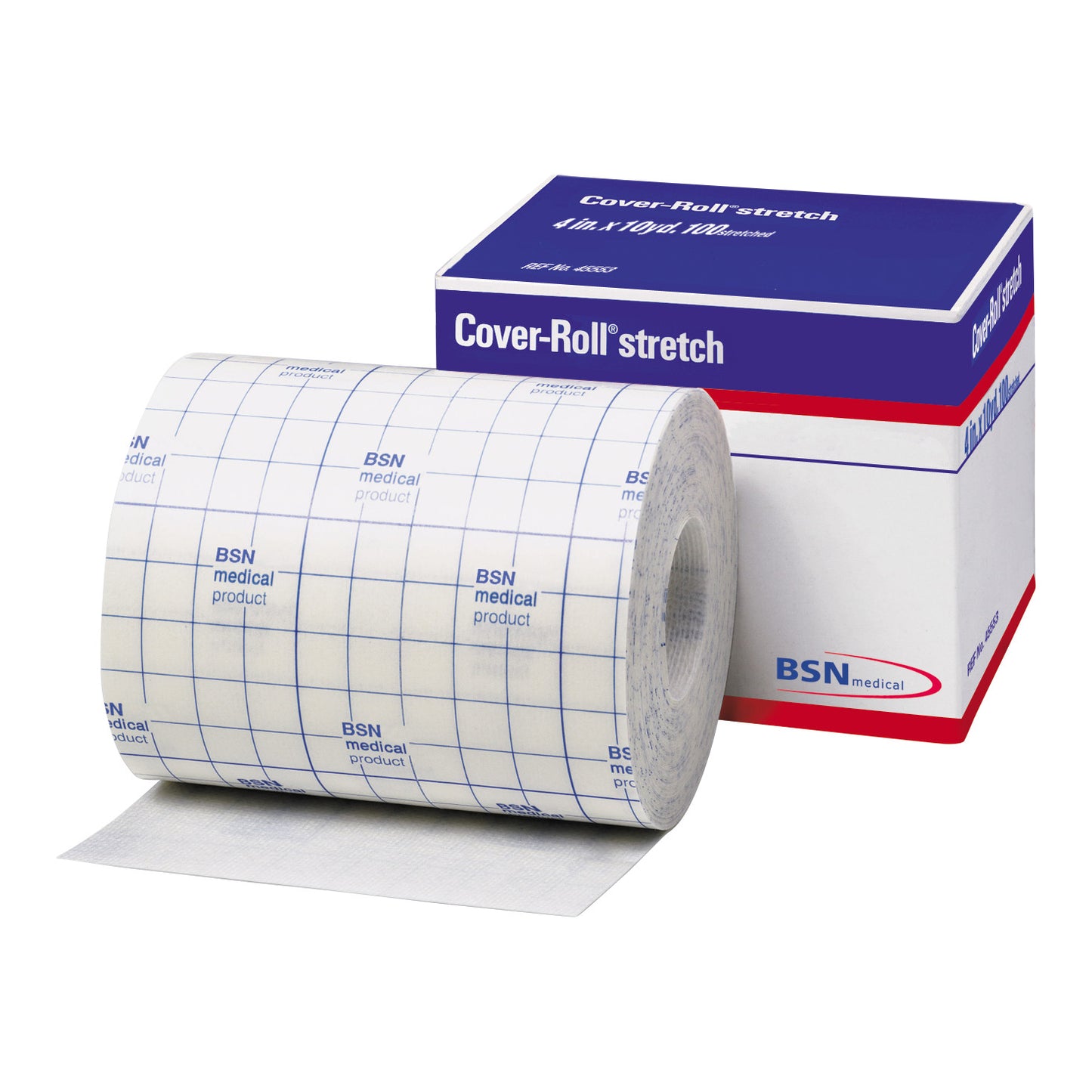 BSN Cover-Roll Stretch Bandage is shown, partially unrolled, with its packaging behind it, featuring a grid pattern design.