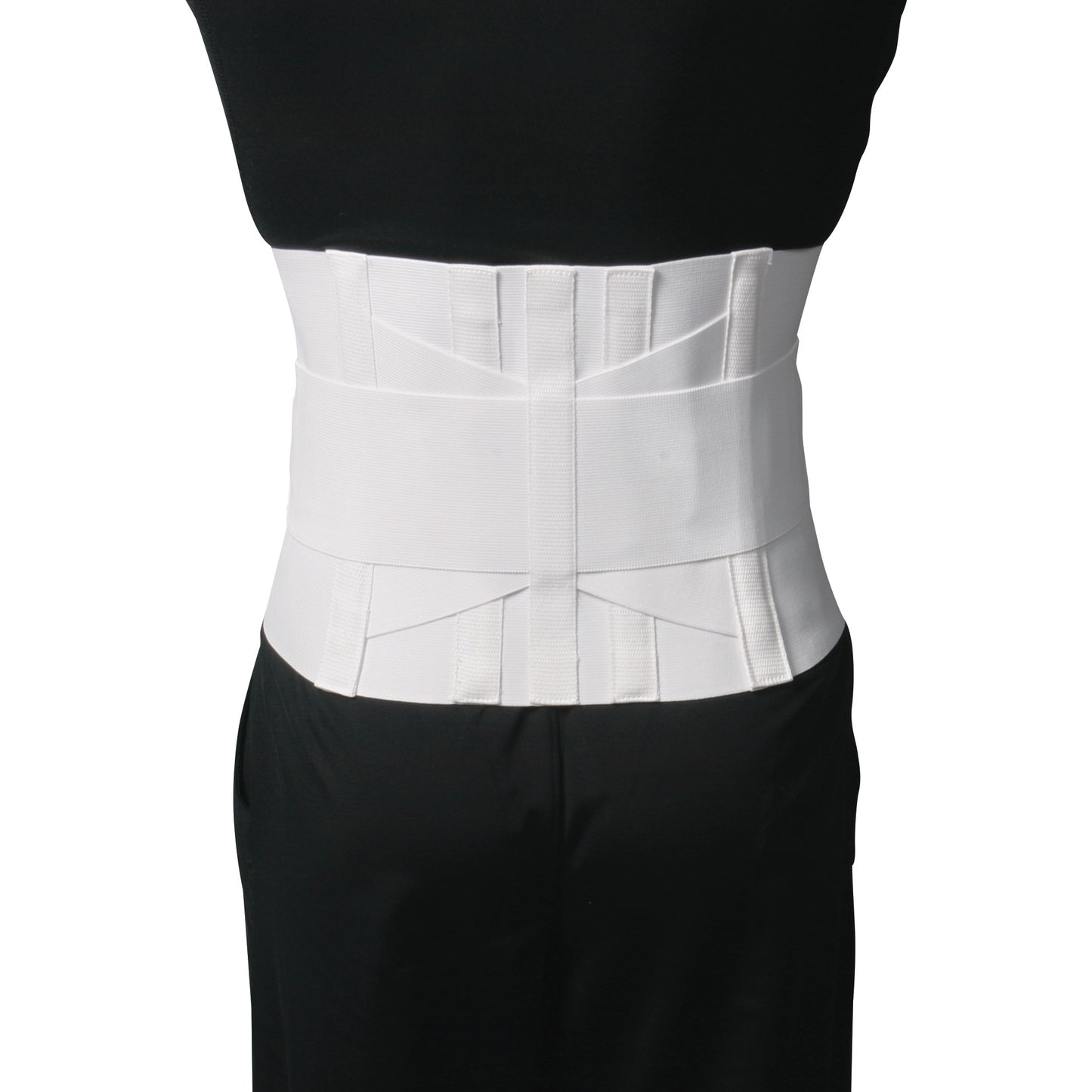 A person wearing the AliMed Economy Elastic Lumbosacral Support, a white back brace, over dark clothing.