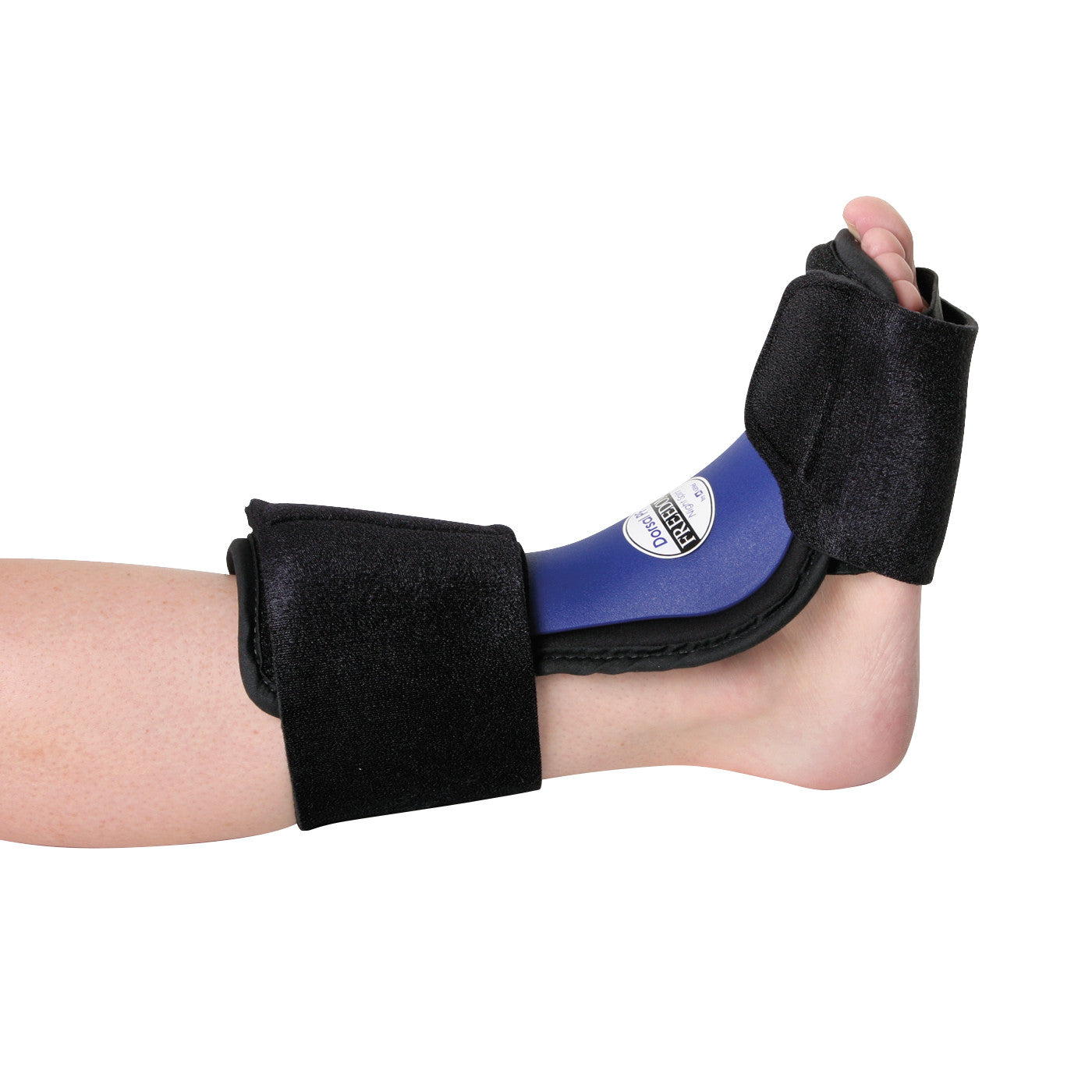 A foot is fitted with the AliMed FREEDOM Dorsal PF Night Splint, featuring black straps and a blue shell for support.