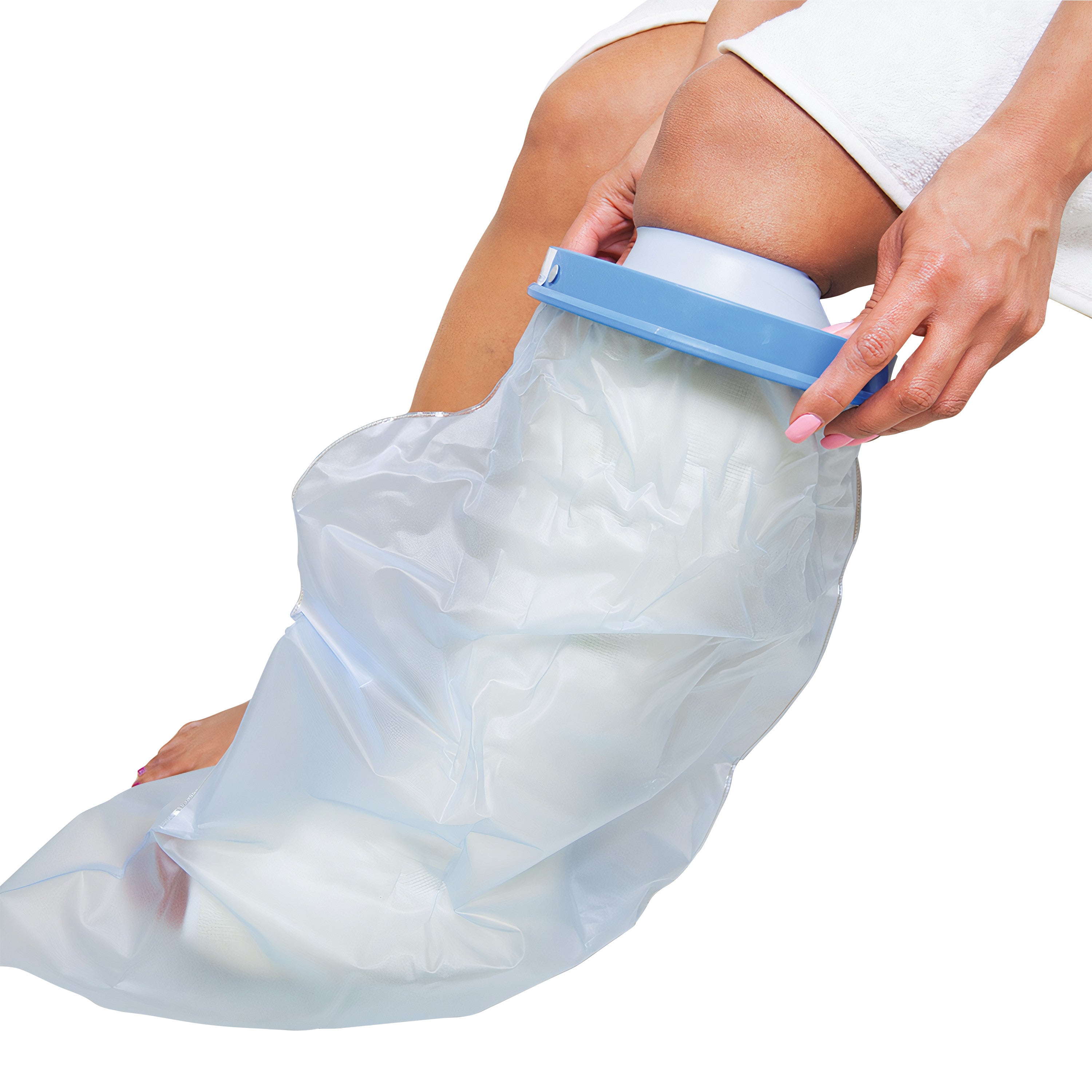 A person puts on a Brownmed SEAL-TIGHT Original Cast and Bandage Protector over their leg, featuring a blue ring and clear cover.