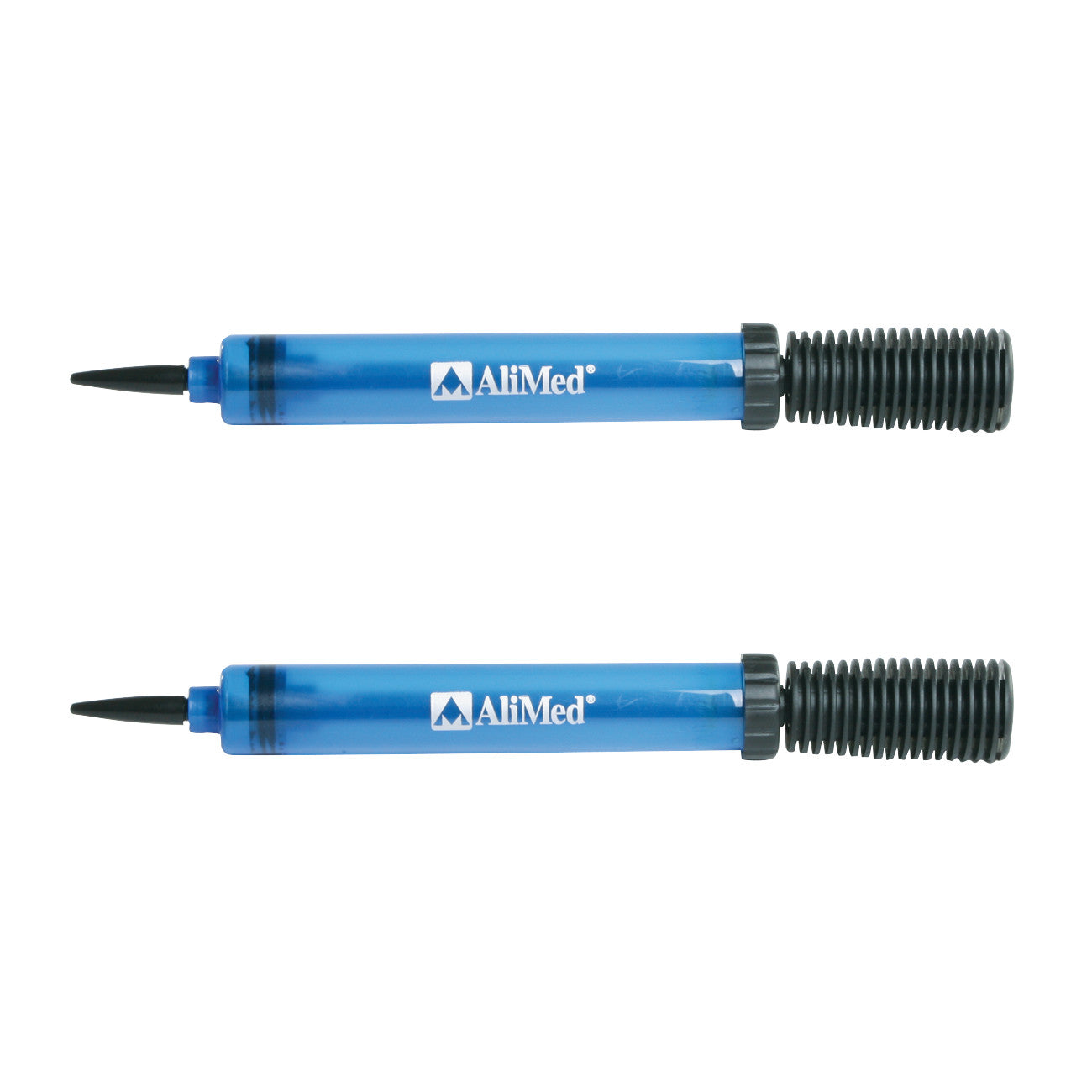 Two blue AliMed Air Pumps with black nozzles and ribbed black handles, displayed horizontally.