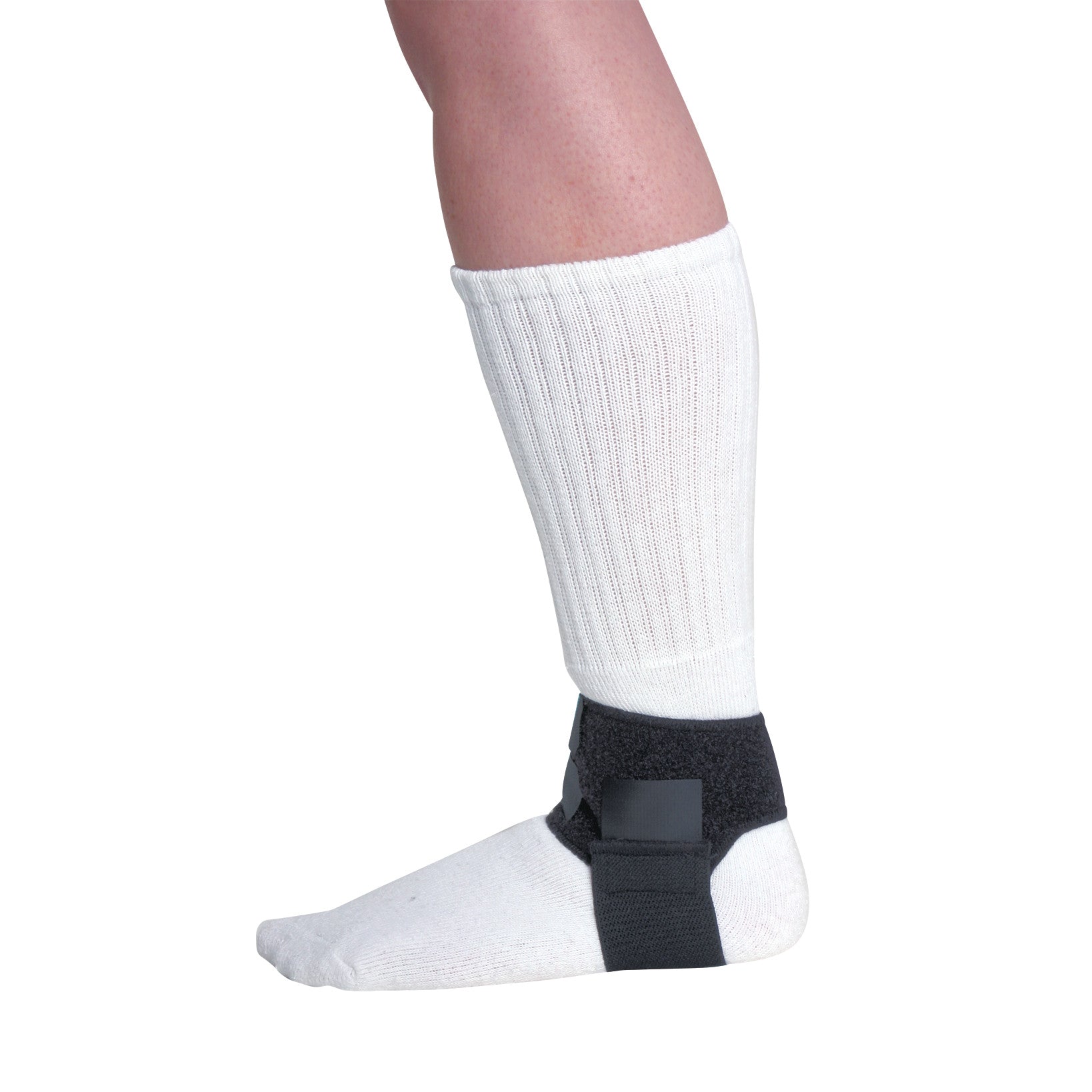 Side view of a leg wearing a white sock and a Plantar Fasciitis Support strap around the ankle, providing foot stability.