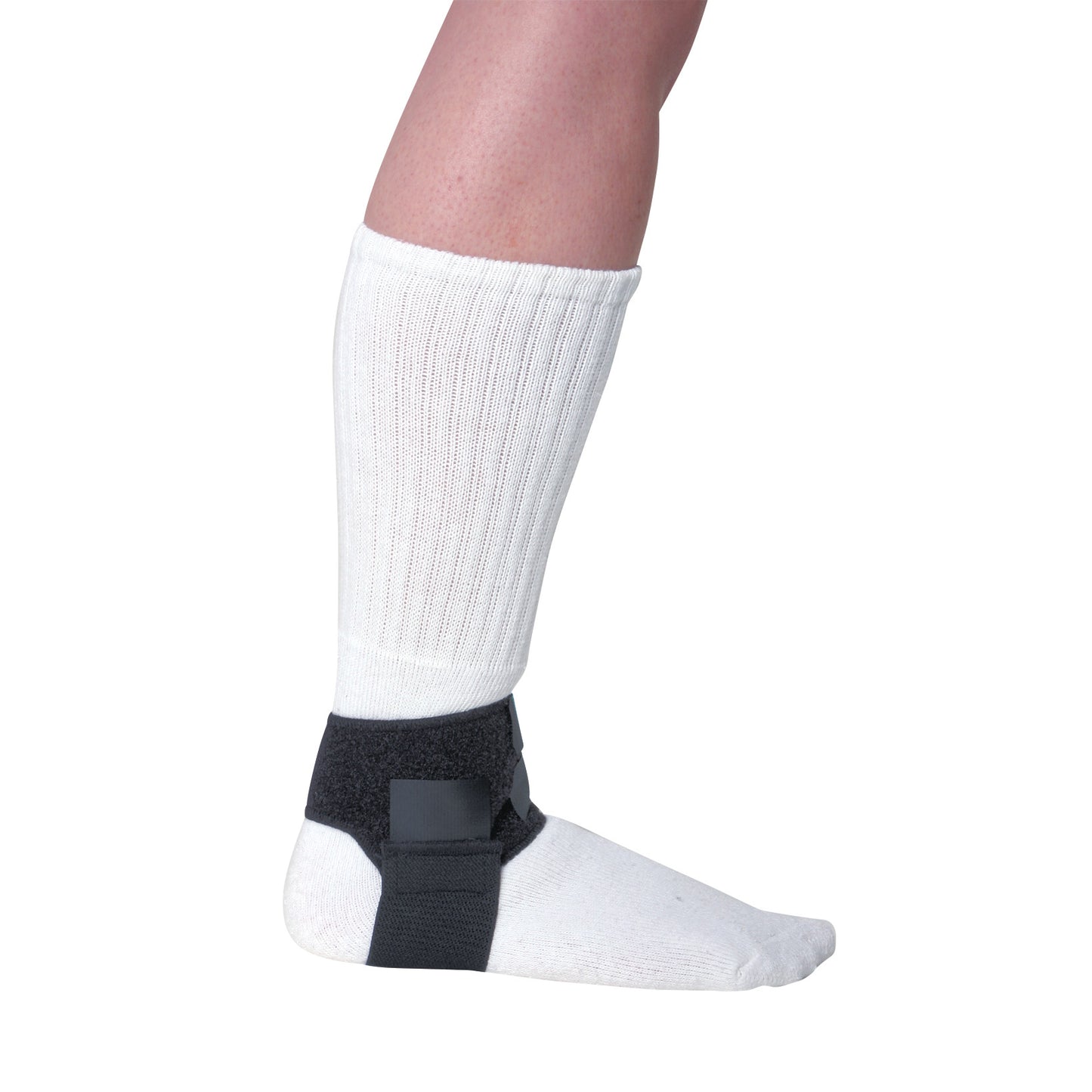 A leg wearing a white sock with a black Plantar Fasciitis Support strap around the ankle for added stability and support.