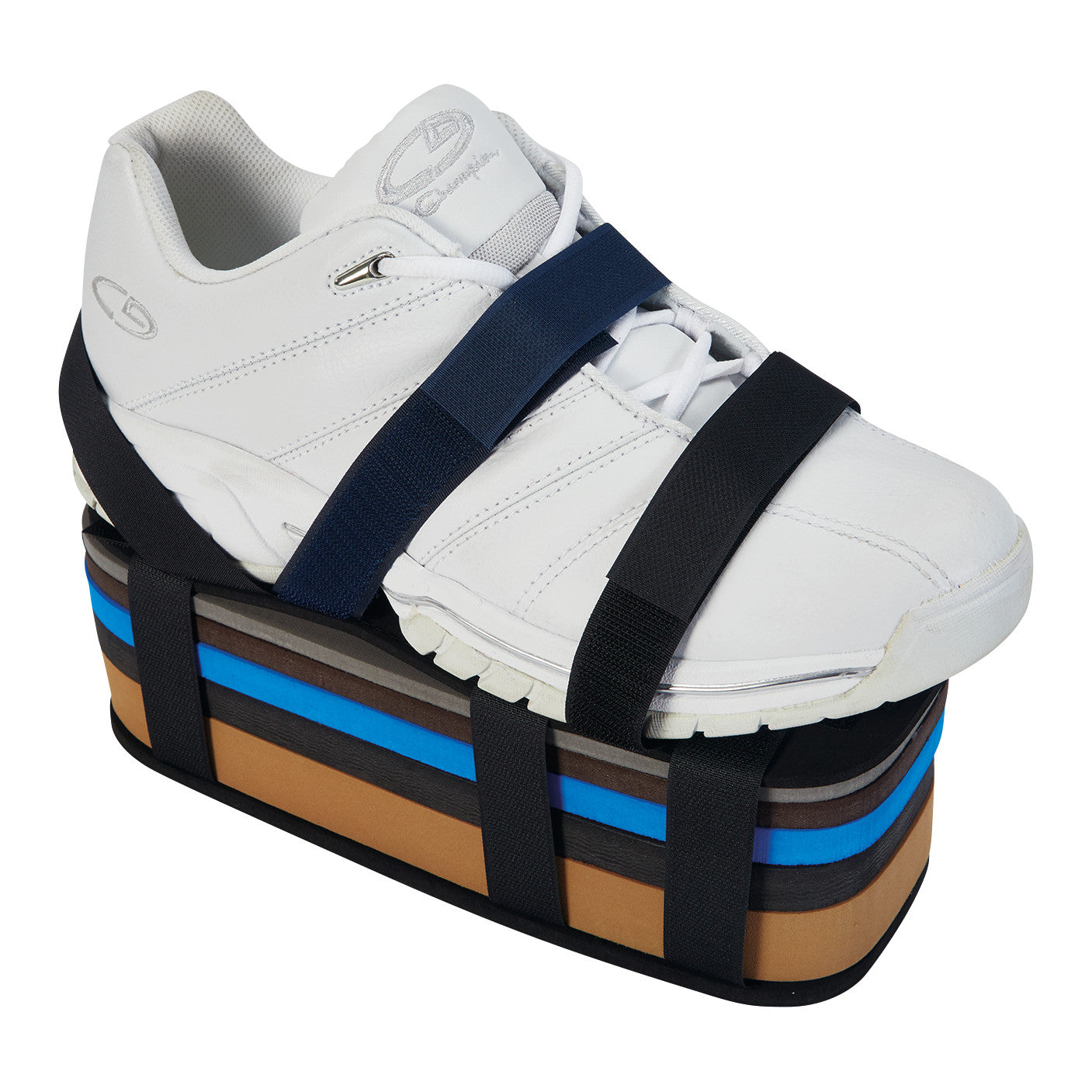 White sneaker on an Adjustable Height Shoe Lift Set with layered colored soles and straps securing the shoe.