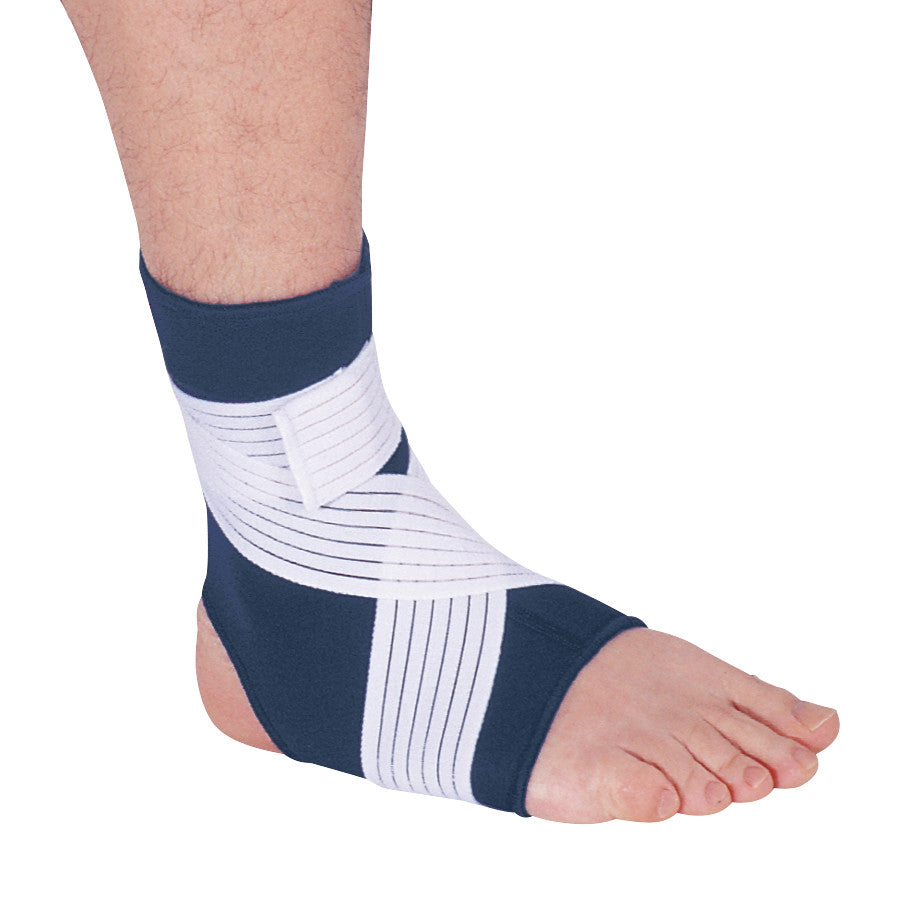 A close-up of a foot wearing the AliMed Neoprene Long Ankle Support with Strap. It is dark blue with white straps for securing.