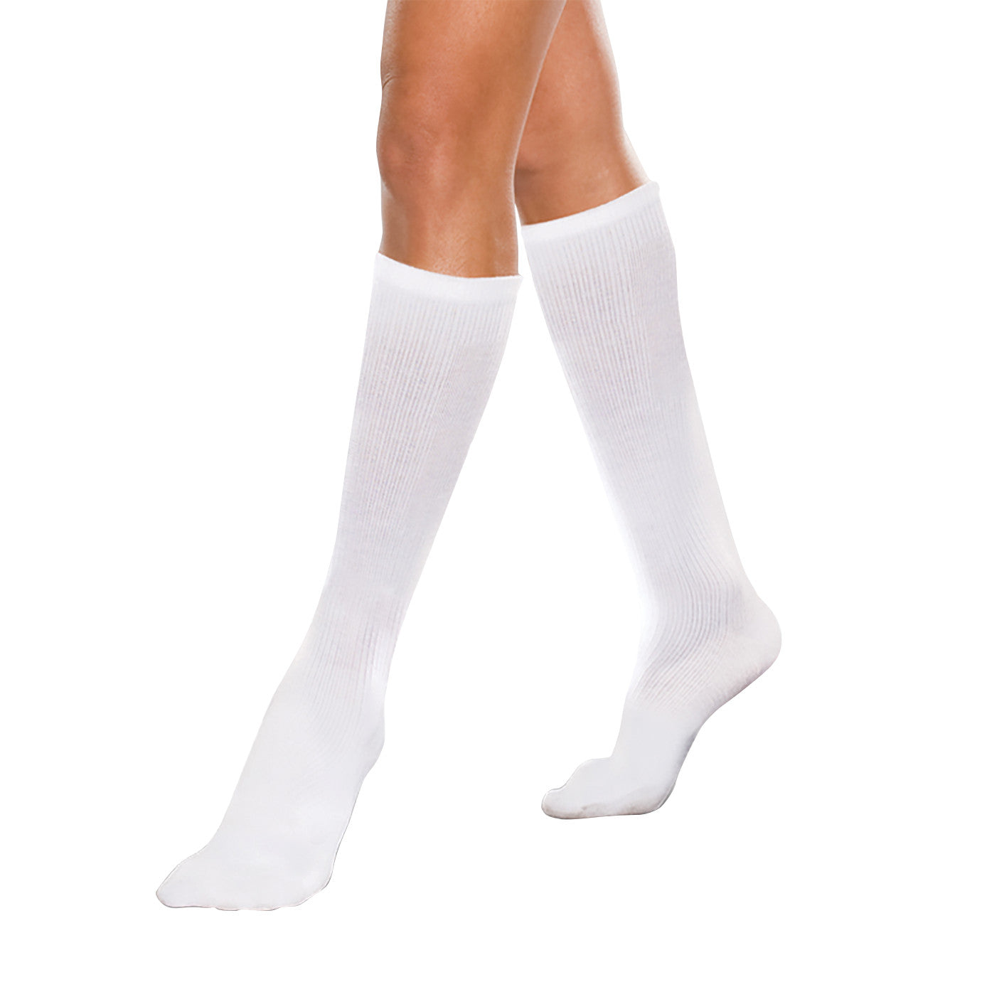 Person wearing Core-Spun by Therafirm Support Socks, knee-high and white, highlighting their stretch and comfort.