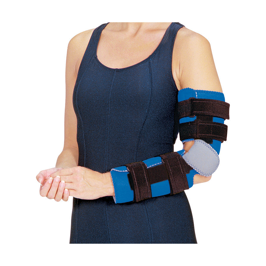 A person wearing an RCAI Flex Cuff Elbow Orthosis. It has blue padding with black straps, supporting the elbow and forearm.