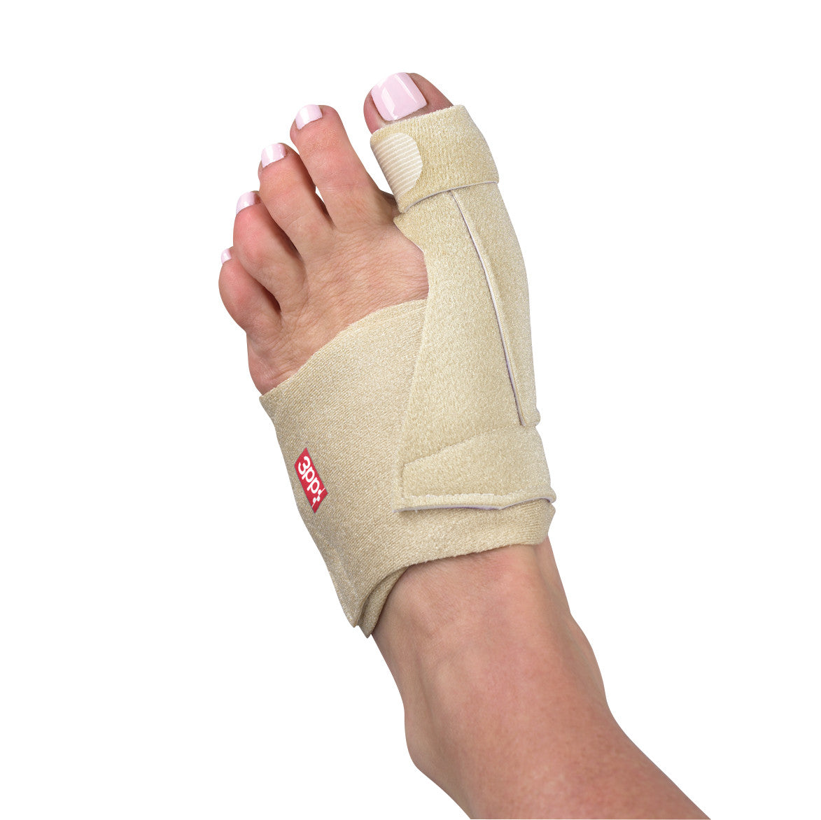 A foot wears a beige 3pp Bunion-Aider brace, providing support to the big toe, with a red logo tag visible.