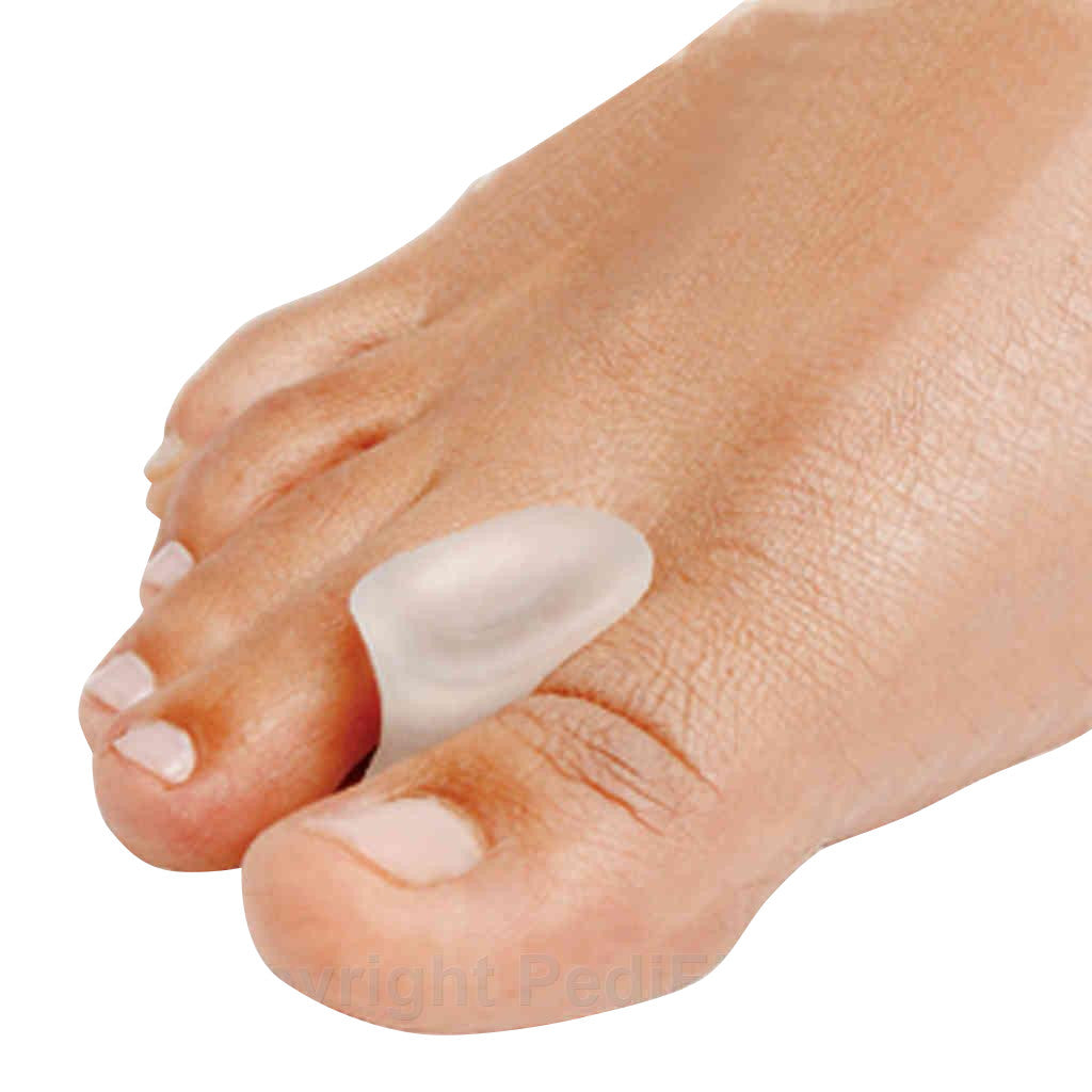 A foot wearing a ViscoGEL Toe Spacer between the big toe and second toe for alignment and comfort.