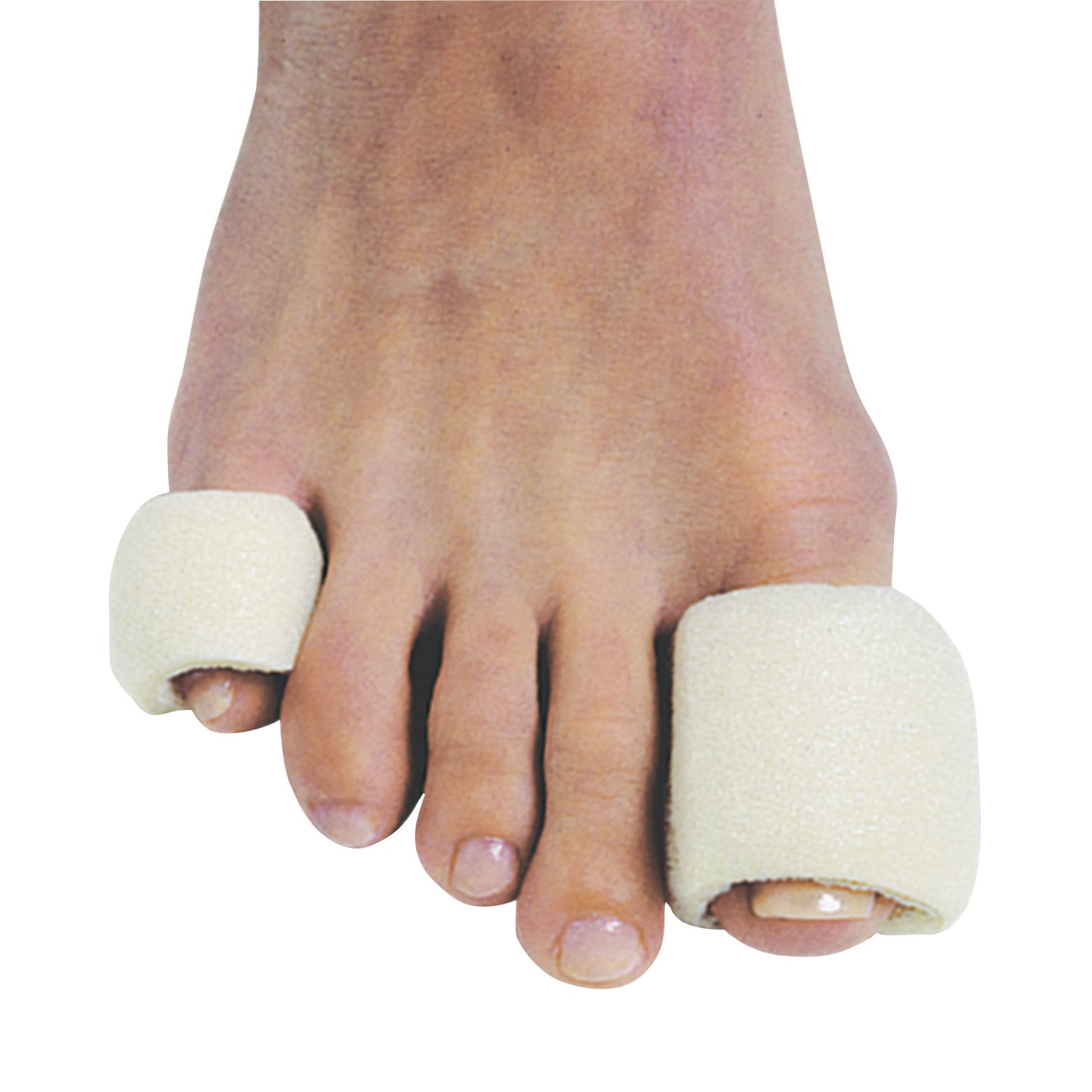 Close-up of a foot with PediFix Tubular Foam Toe Bandages on the big and second toes. The bandages are white and cushioned.