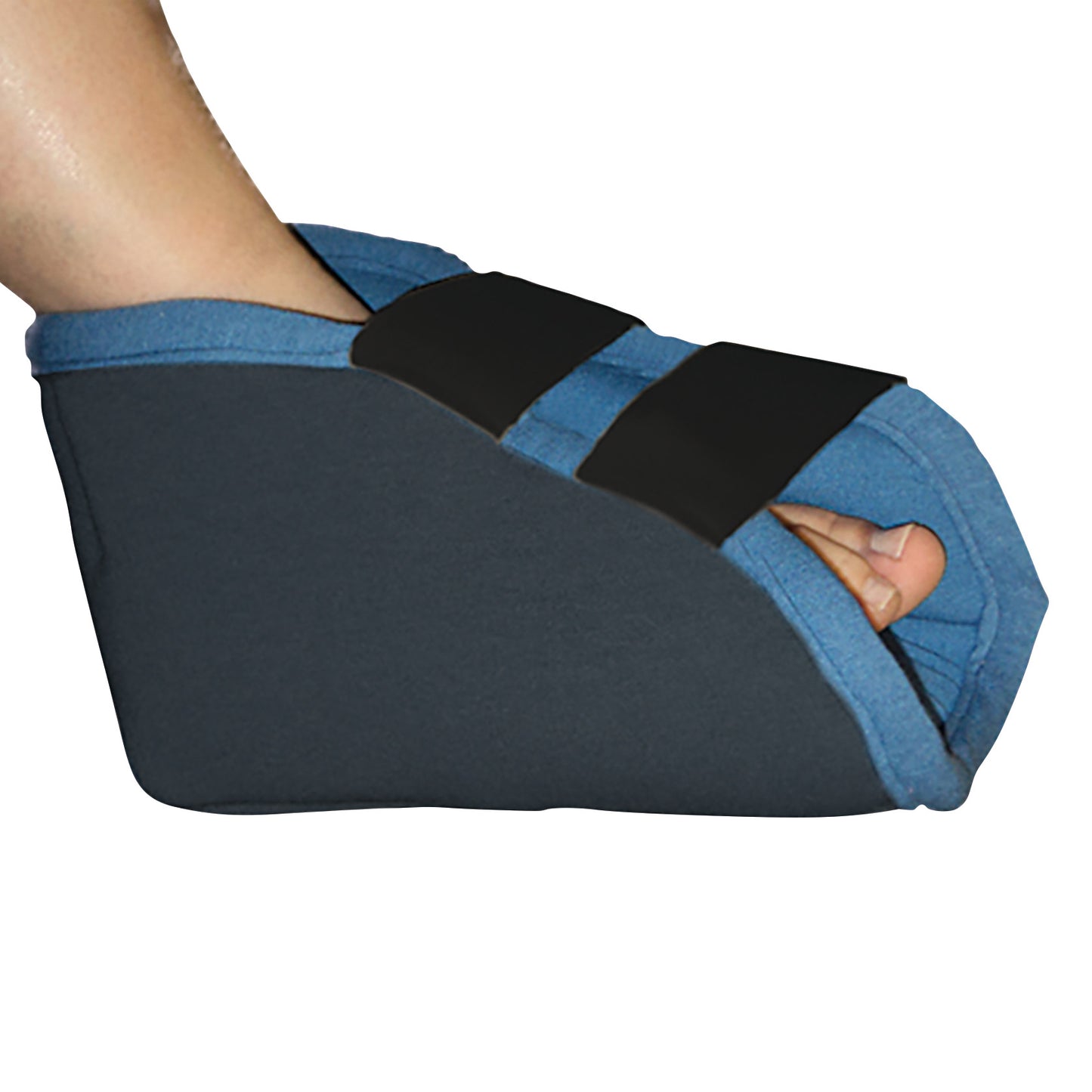 A Ventopedic Heel Protector on a foot. It's blue and black, with adjustable straps to secure and cushion the heel.