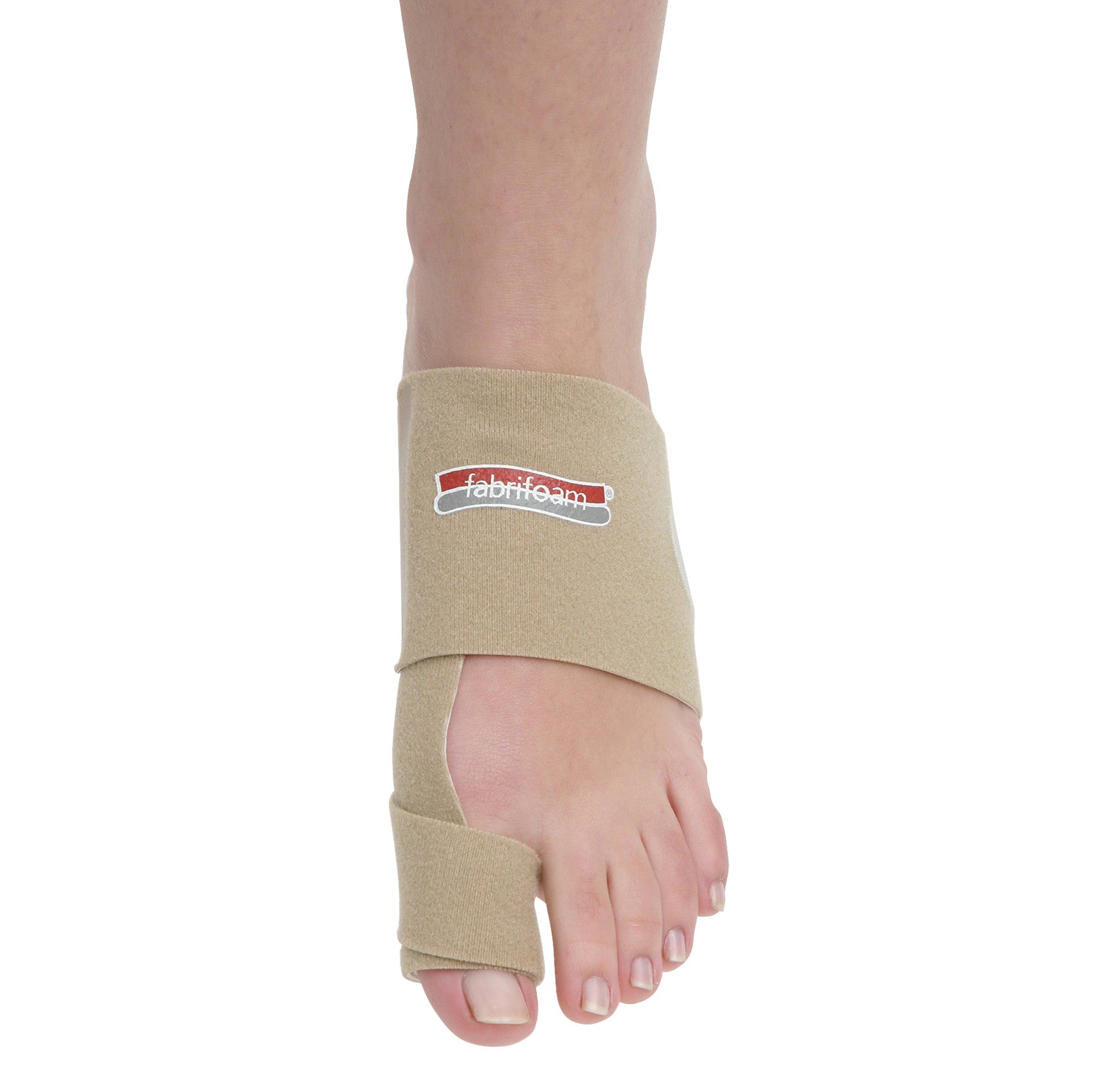 A foot is wearing a beige bunion sling labeled "fabrifoam". The Bunion Sling covers the forefoot and separates the big toe.