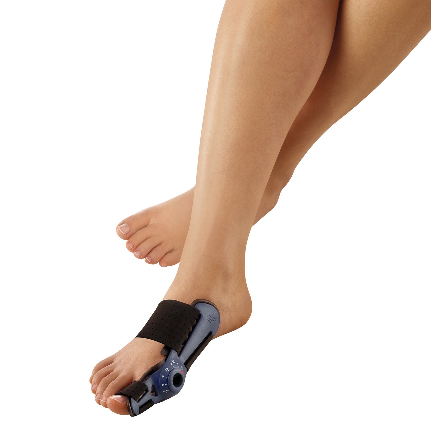A foot fitted with a Bauerfeind ValguLoc II Hallux Valgus Splint, showing adjustable straps and a structured support design.