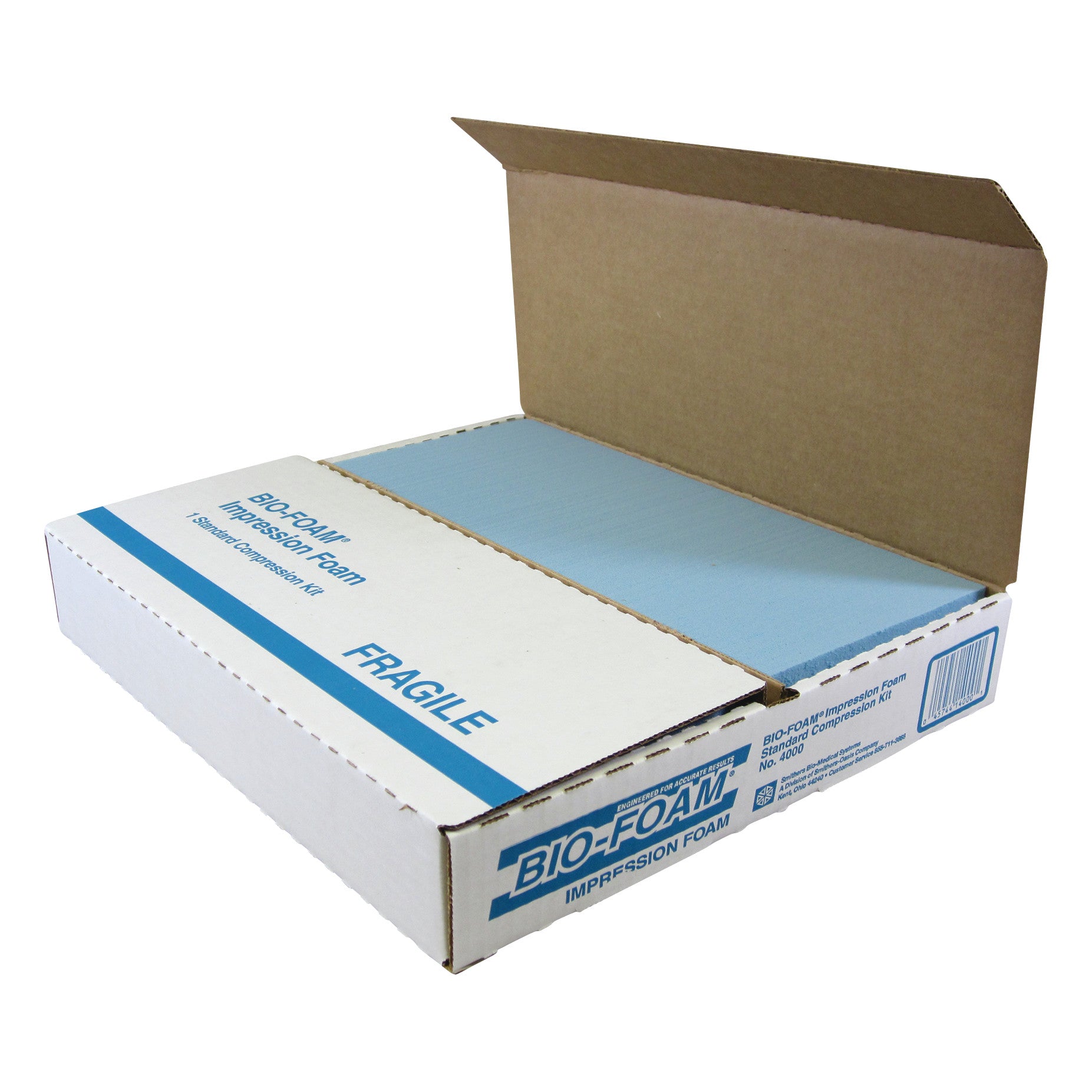 Open cardboard box displaying the BIO-FOAM Impression Foam Standard Kit, labeled "FRAGILE" with blue foam inside.