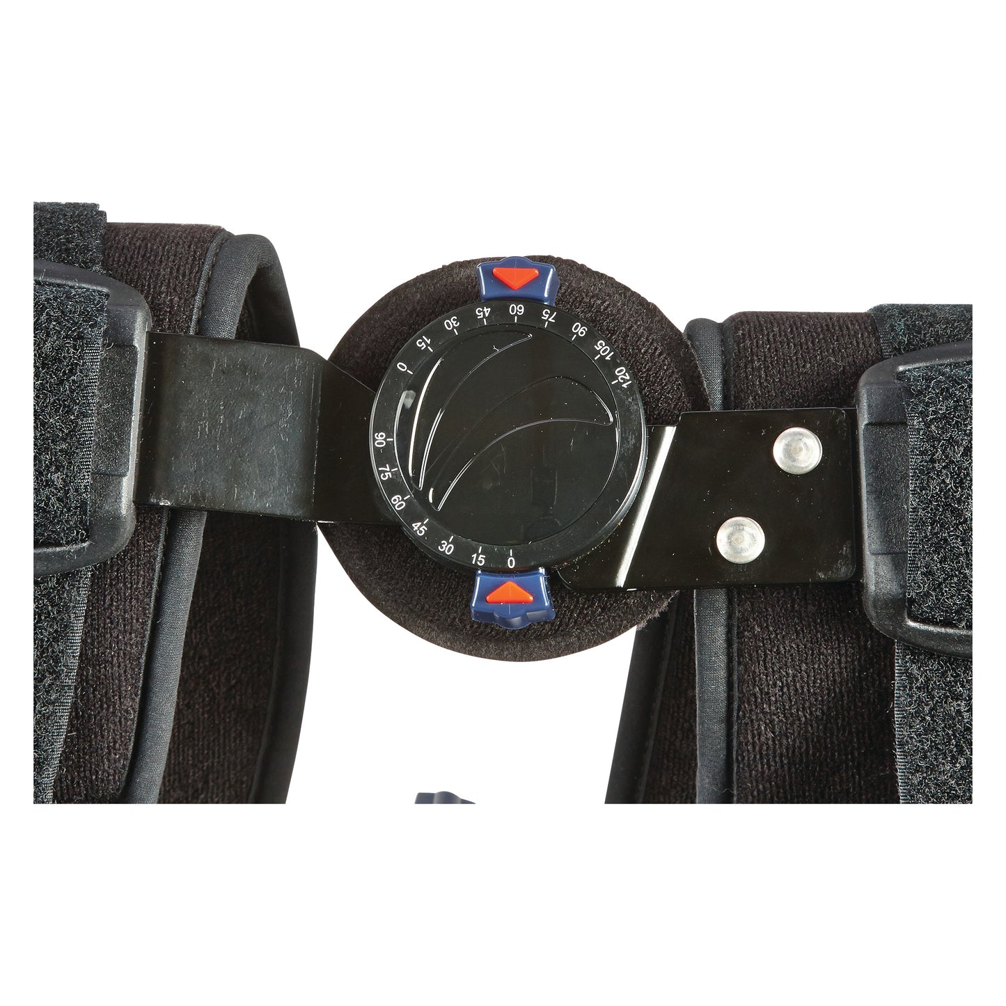 Close-up of the AliMed FREEDOM comfort Post-Op Knee Brace with ROM Fast Set Hinge, showing the adjustable dial and straps.