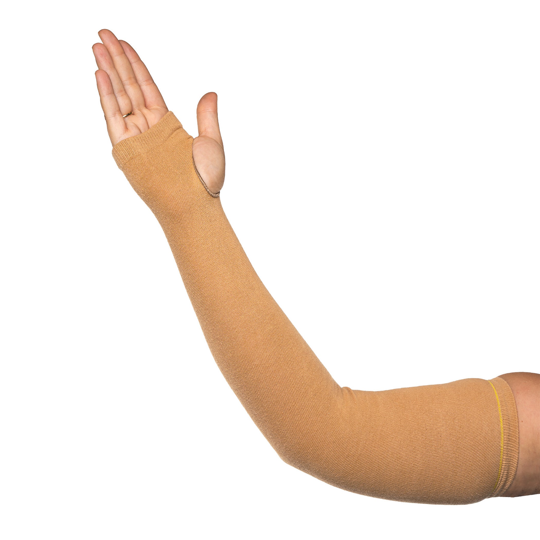A person wears an AliMed Arm or Leg Sleeve, which is tan and extends from the wrist to upper arm with a thumb hole.