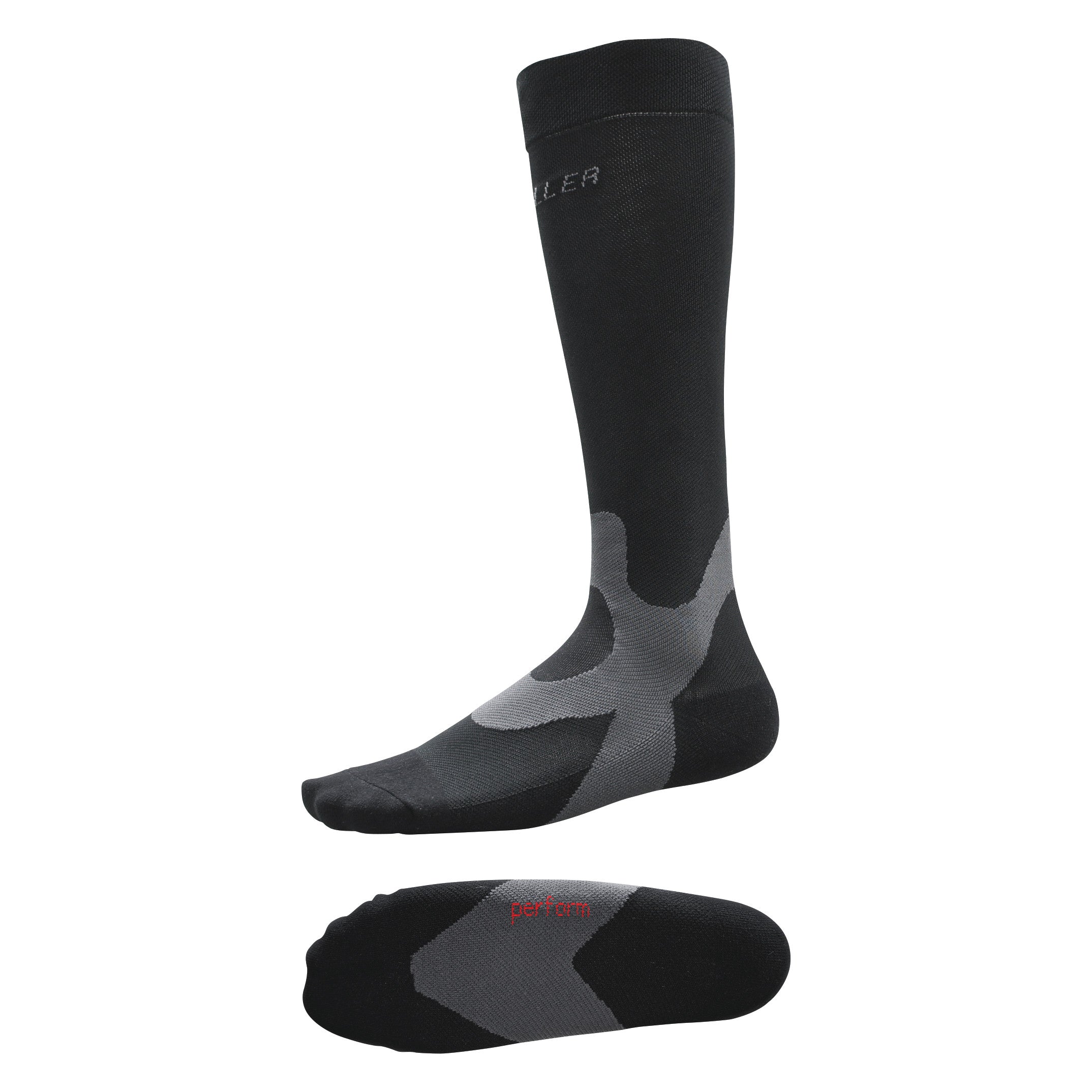 Black Mueller Graduated Compression Socks with gray accents, designed for support and improved circulation.