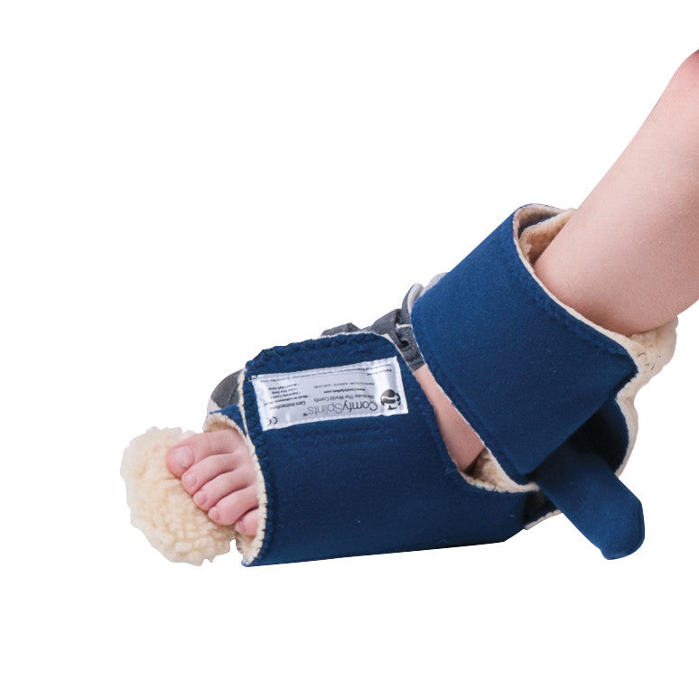 A child's foot wears a Comfy Splints Pediatric Ambulating Contracture Boot in blue, featuring a soft lining and open-toe design.