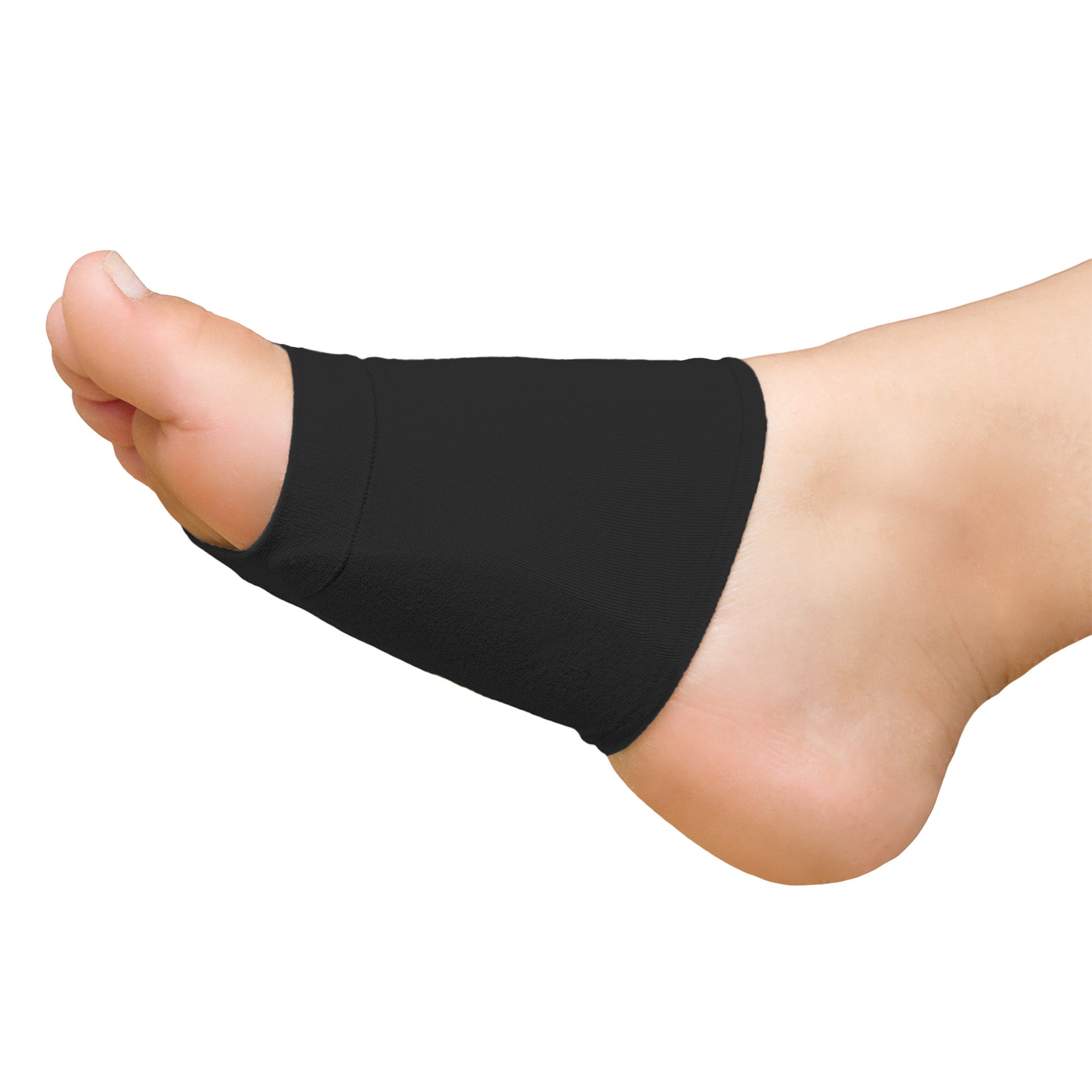 A foot wearing the Silipos Active Plantar Fasciitis Gel Arch Sleeve, providing support with a black elastic band around the arch.