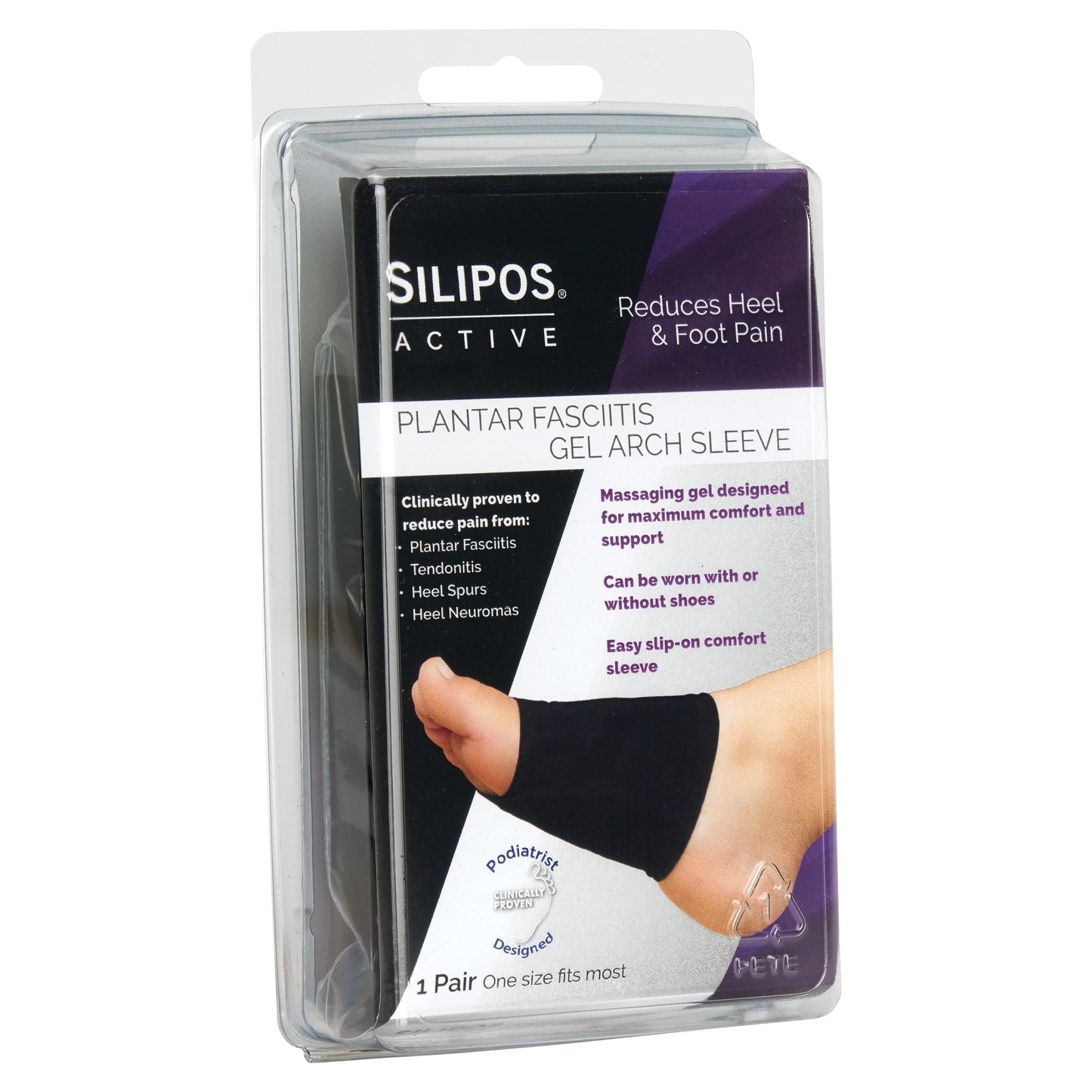Silipos Active Plantar Fasciitis Gel Arch Sleeves package with text detailing pain relief benefits and an image of a foot wearing the sleeve.