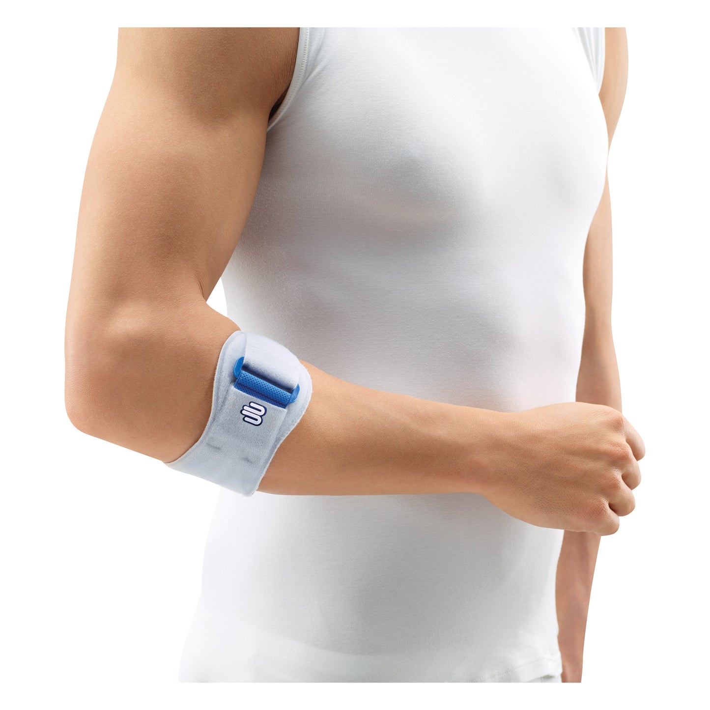 Person wearing a Bauerfeind EpiPoint Elbow Strap on their forearm, designed for support and pain relief.