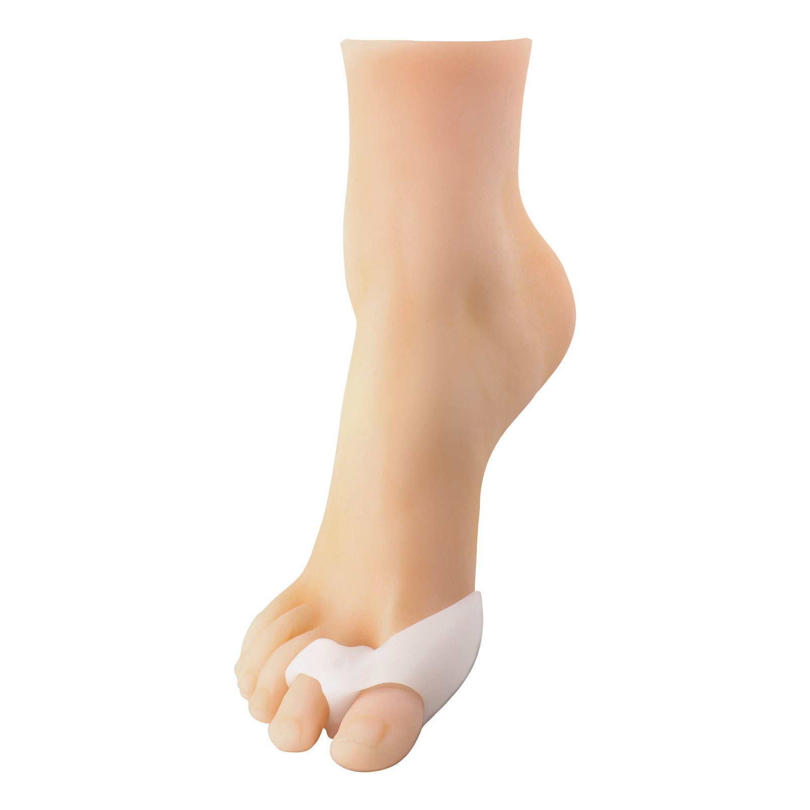 A foot model showing the Silipos Bunion Guard with Buddy Spacer, positioned between the big and second toe.