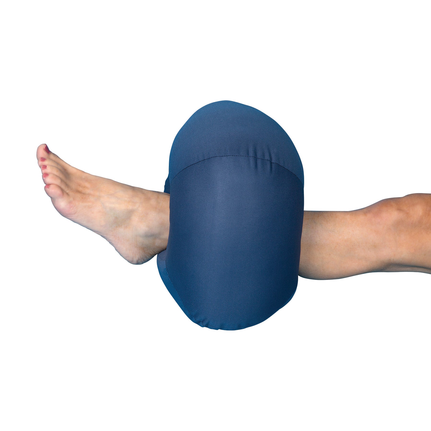 A foot rests on the DermaSaver Blue Donut Heel Elevator, which cushions and elevates the heel for comfort and support.