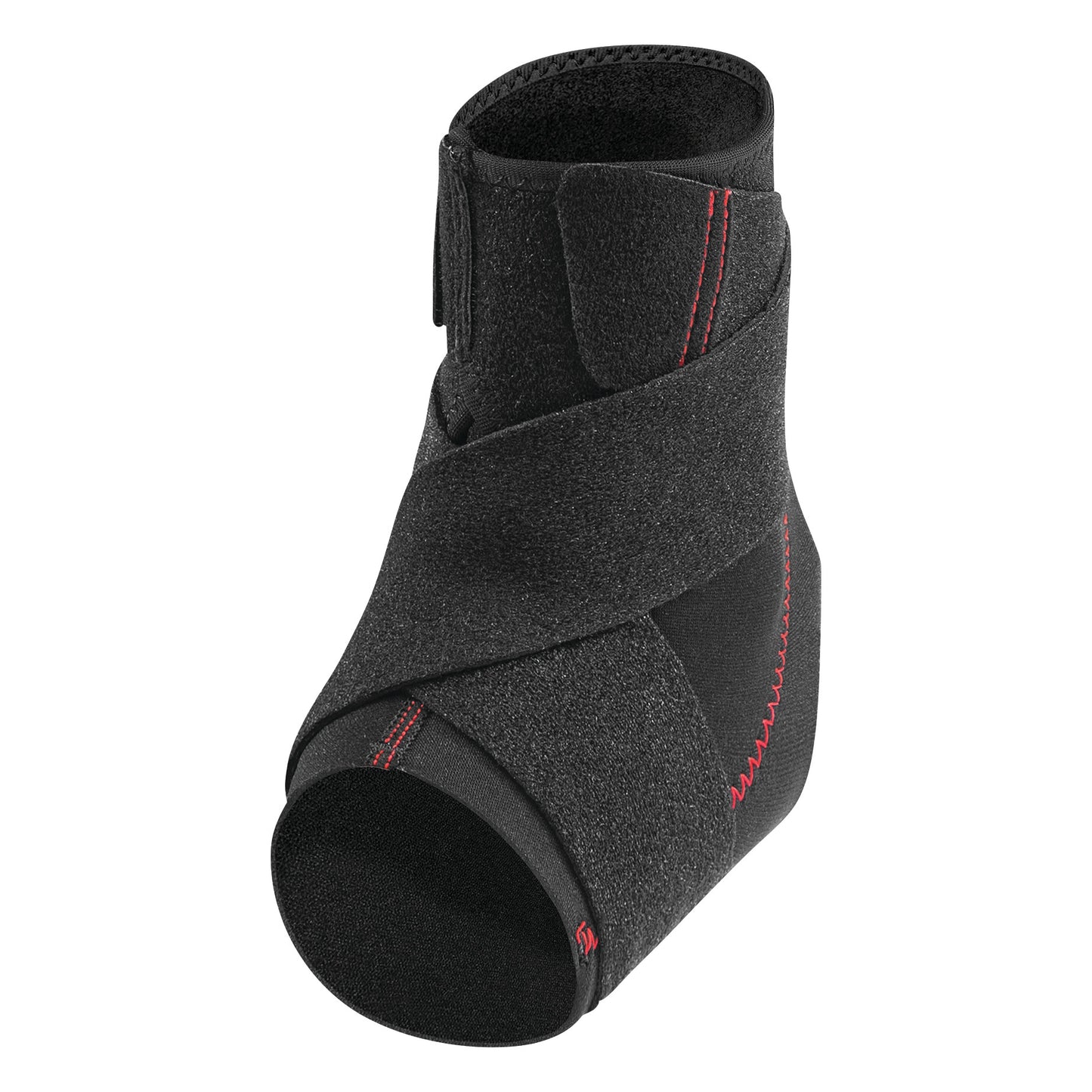The Mueller Adjustable Ankle Support is a black, neoprene brace with red stitching and adjustable wrap-around straps for support.
