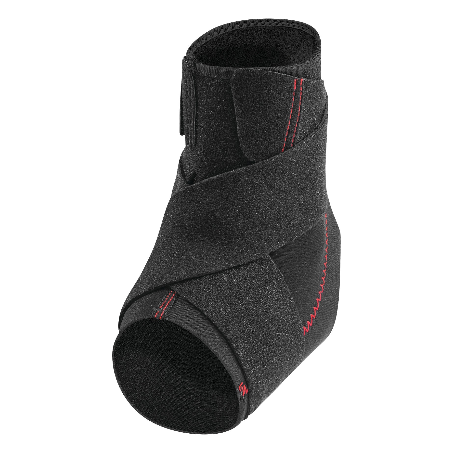 The Mueller Adjustable Ankle Support is a black, neoprene brace with red stitching and adjustable wrap-around straps for support.
