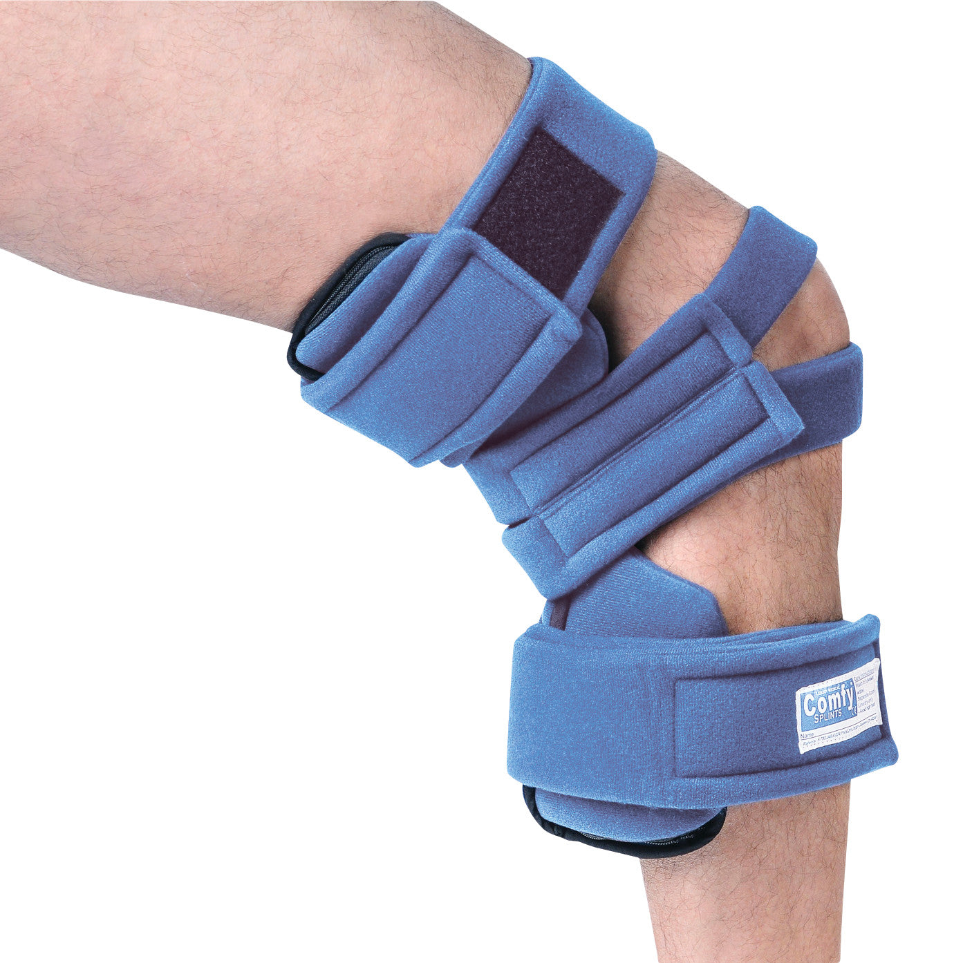 A leg wears the Comfy Splints Adult Spring-Loaded Goniometer Knee Orthosis, a blue brace with adjustable straps for knee support.