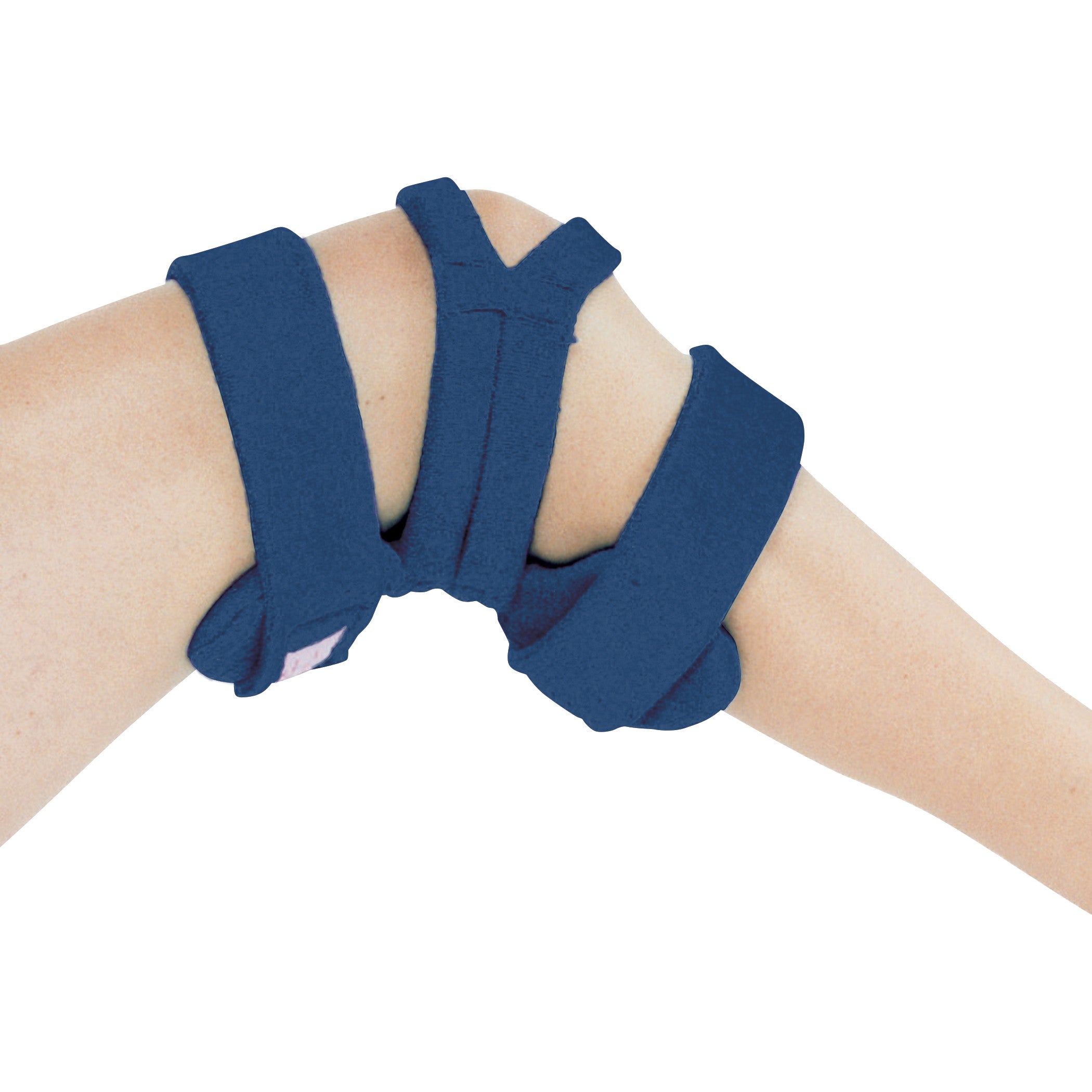 A knee is shown wearing the Comfy Splints Pediatric Standard Knee Orthosis, featuring blue padding and adjustable straps.